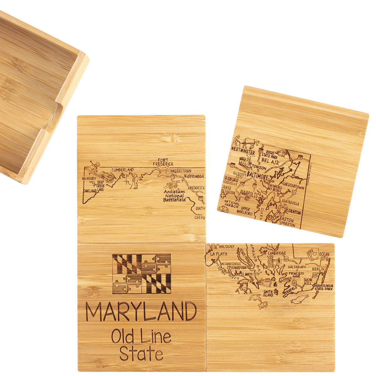Totally Bamboo Maryland State Puzzle 4 Piece Bamboo Coaster Set With Case