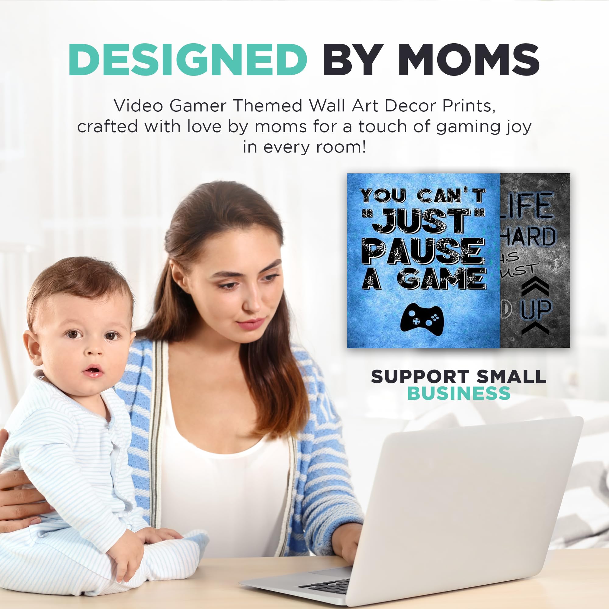 You Can't Just Pause A Game - Video Gamer Themed Wall Art Decor Prints for a Gaming Room (Set of 4) Poster Sign Blue Black Grey Bedroom