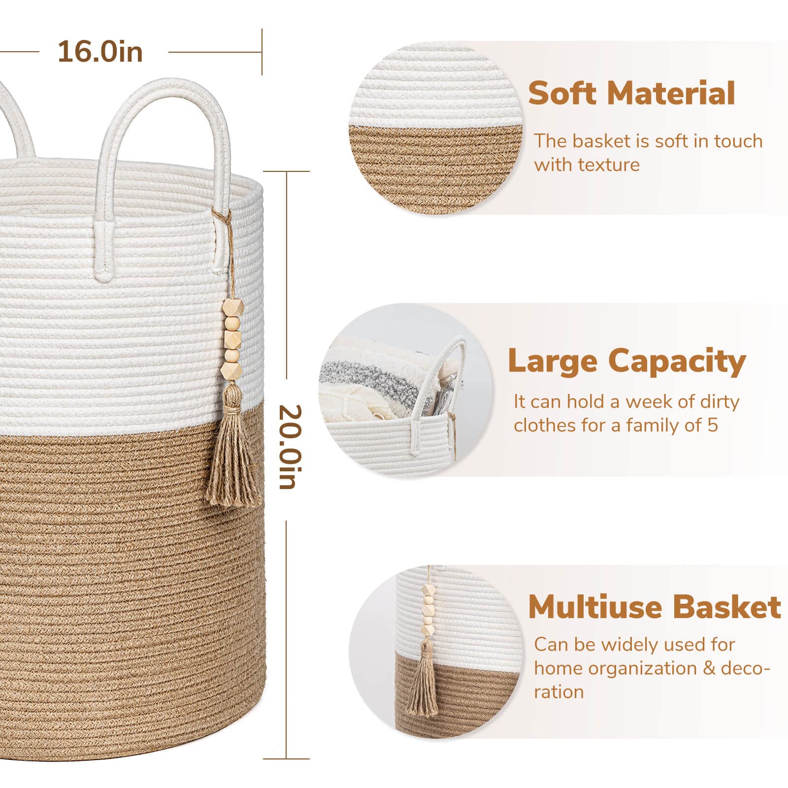 Goodpick Woven Laundry Basket Decorative Blanket Basket For Living Room, Tall Storage Basket For Clothes, Toys, Towels, Wicker L