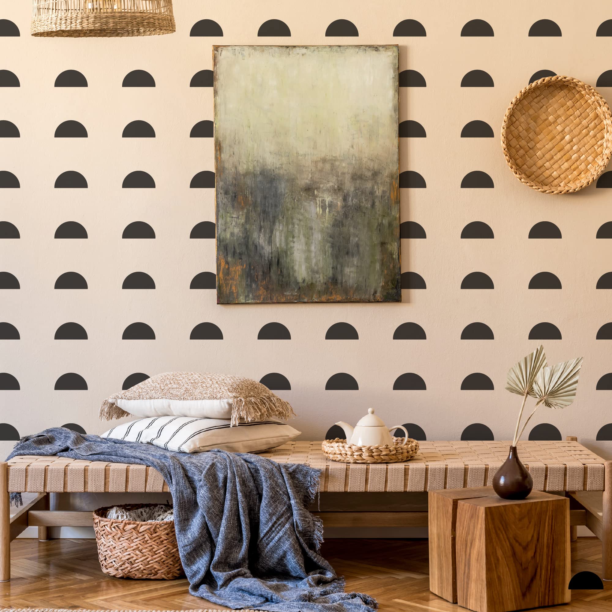 Shyjshyj A Room With Black Semicircle Vinyl Wall Stickers, Peel And Stick Boho Art Decor For Kid Room, Bedroom, Living Room Scan