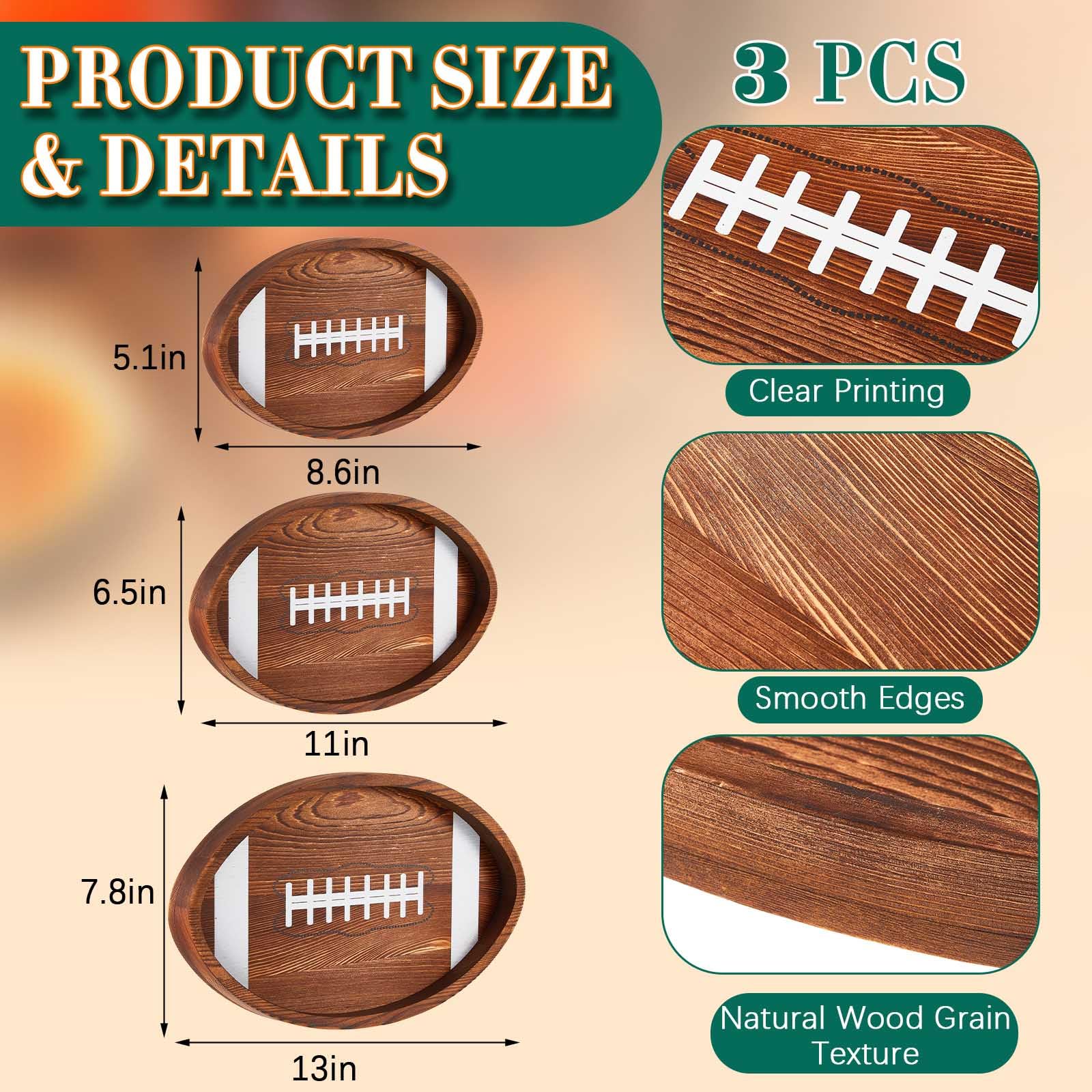 Geetery 3 Pcs Football Serving Trays Wooden Shaped Football Plates Football Serveware Tailgate Party Serving Platter For Game Pa