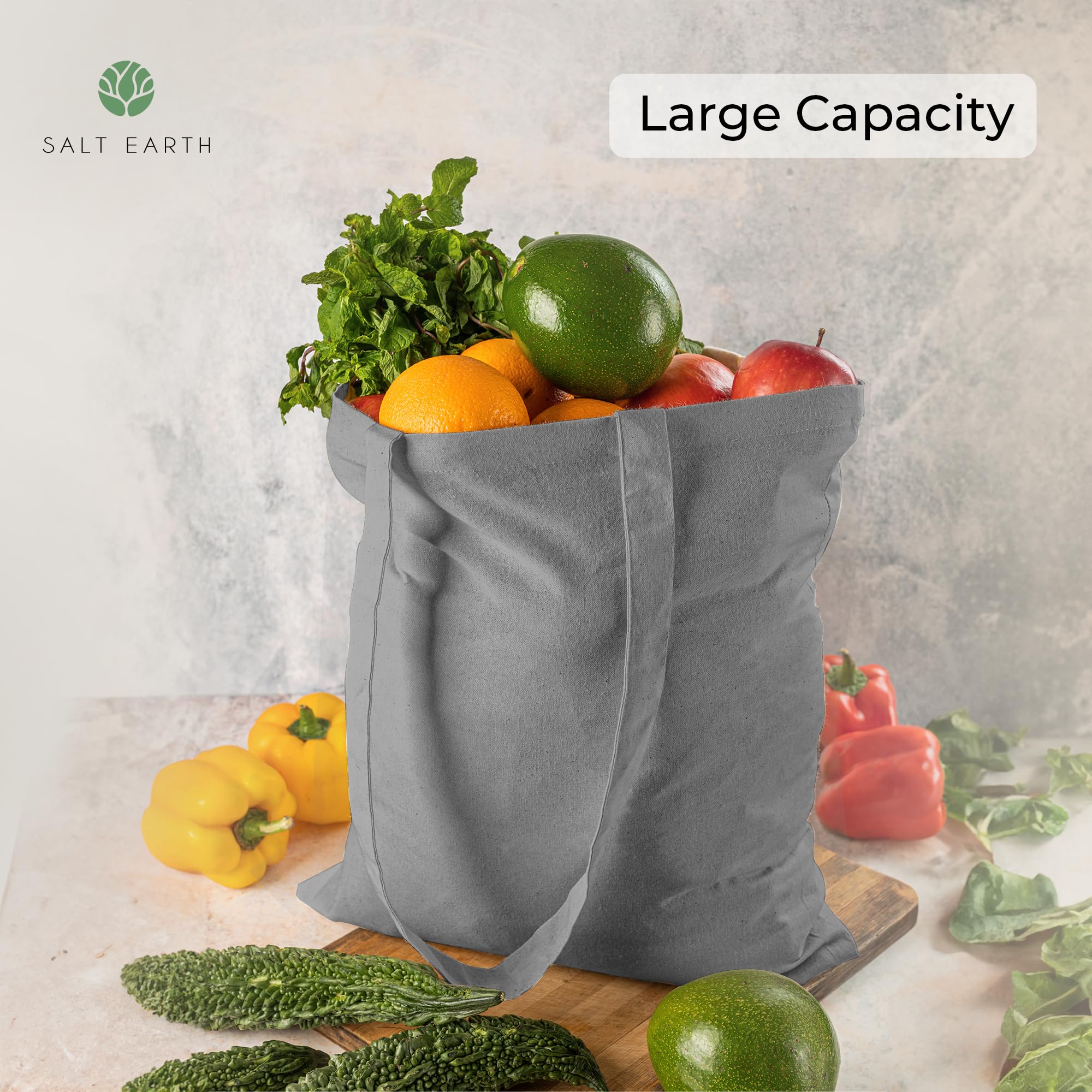 Salt Earth Pack of 5 | 6 | 12 | 24 | 48 - 100% Cotton Reusable Tote Bags - Bulk Grocery, Shopping, DIY, Beach & Gift Use (Grey)