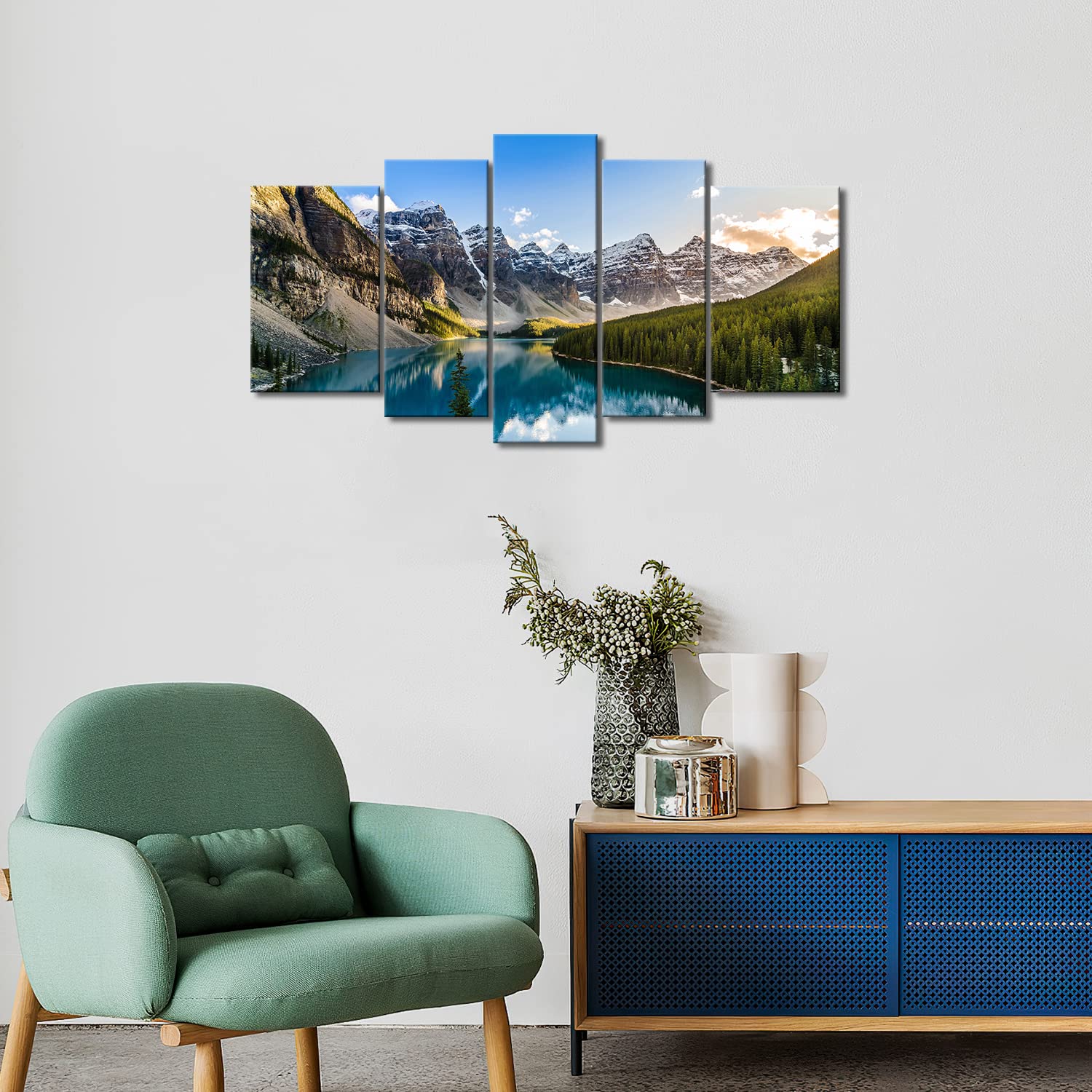 Wall Art Decor Poster Painting On Canvas Print Pictures 5 Pieces Moraine Lake and Mountain Range Sunset Canadian Rocky Mountains Landscape Framed Picture for Home Decoration Living Room Artwork