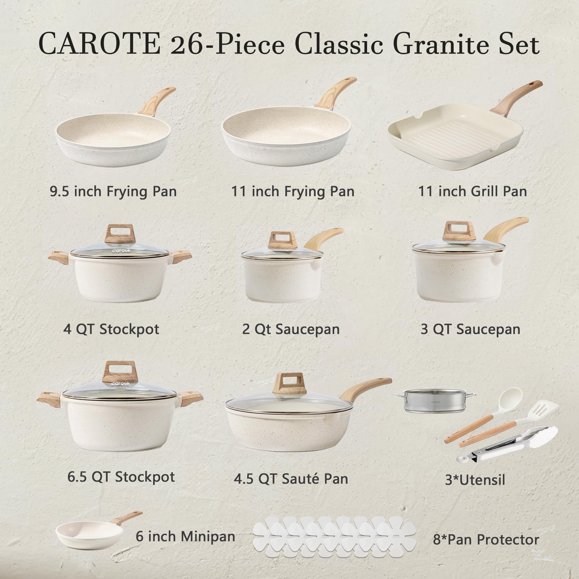 CAROTE Pots and Pans Set Nonstick, Cookware Set Induction Kitchen Cooking Set 26cs w/Frying Pans & Saucepans& Grill Pan