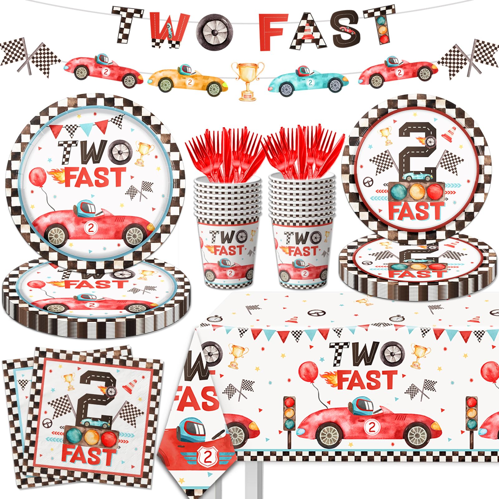 Two Fast Birthday Party Supplies, 142Pcs Race Car 2Nd Birthday Decorations Tableware Kit Includes Race Car Plates Napkins Tablec