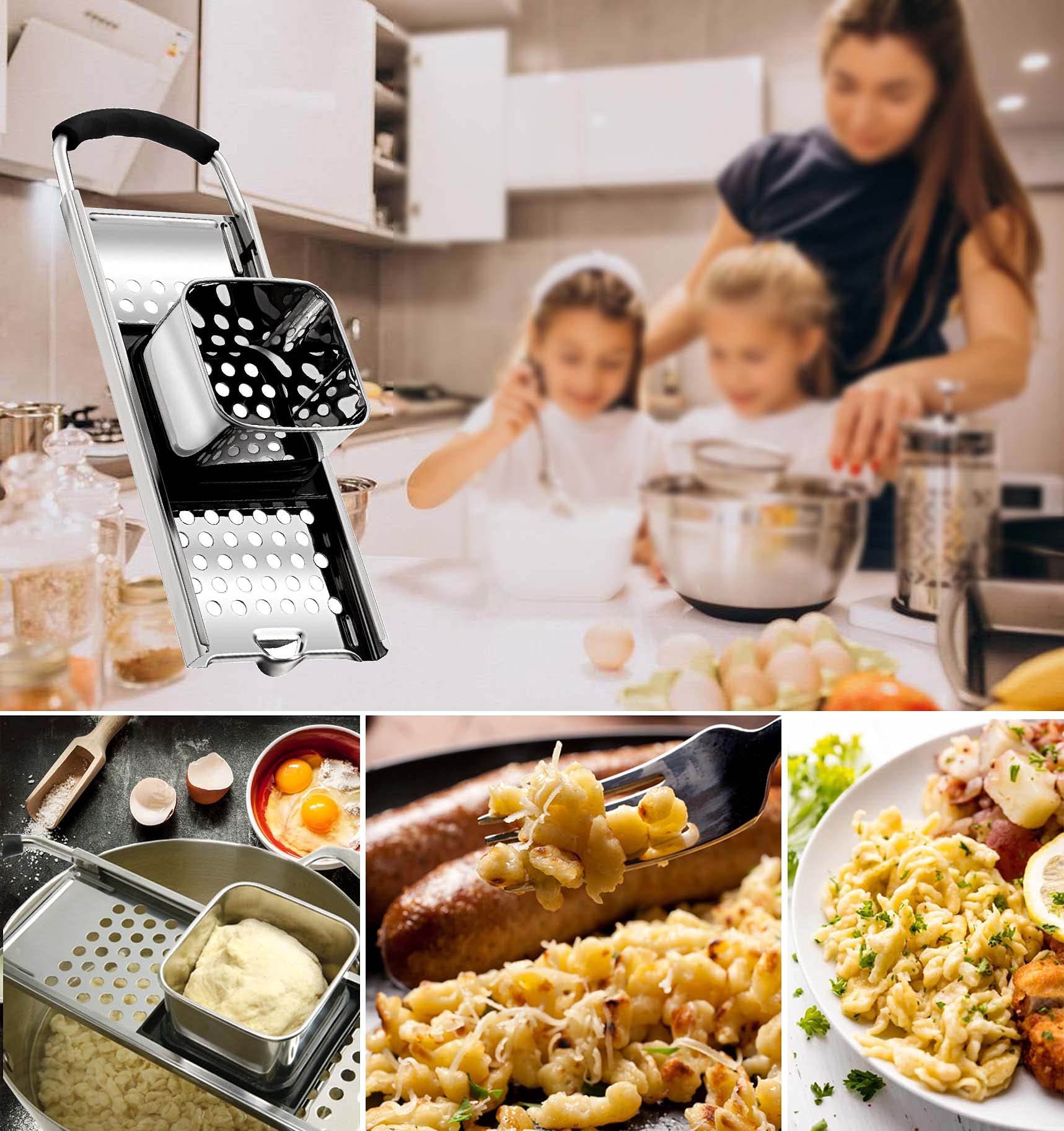 Tsongho Stainless Steel Spaetzle Maker Noodle Dumpling With Safety Pusher Comfort Rubber Grip Handle, Silver, Tk-S-001