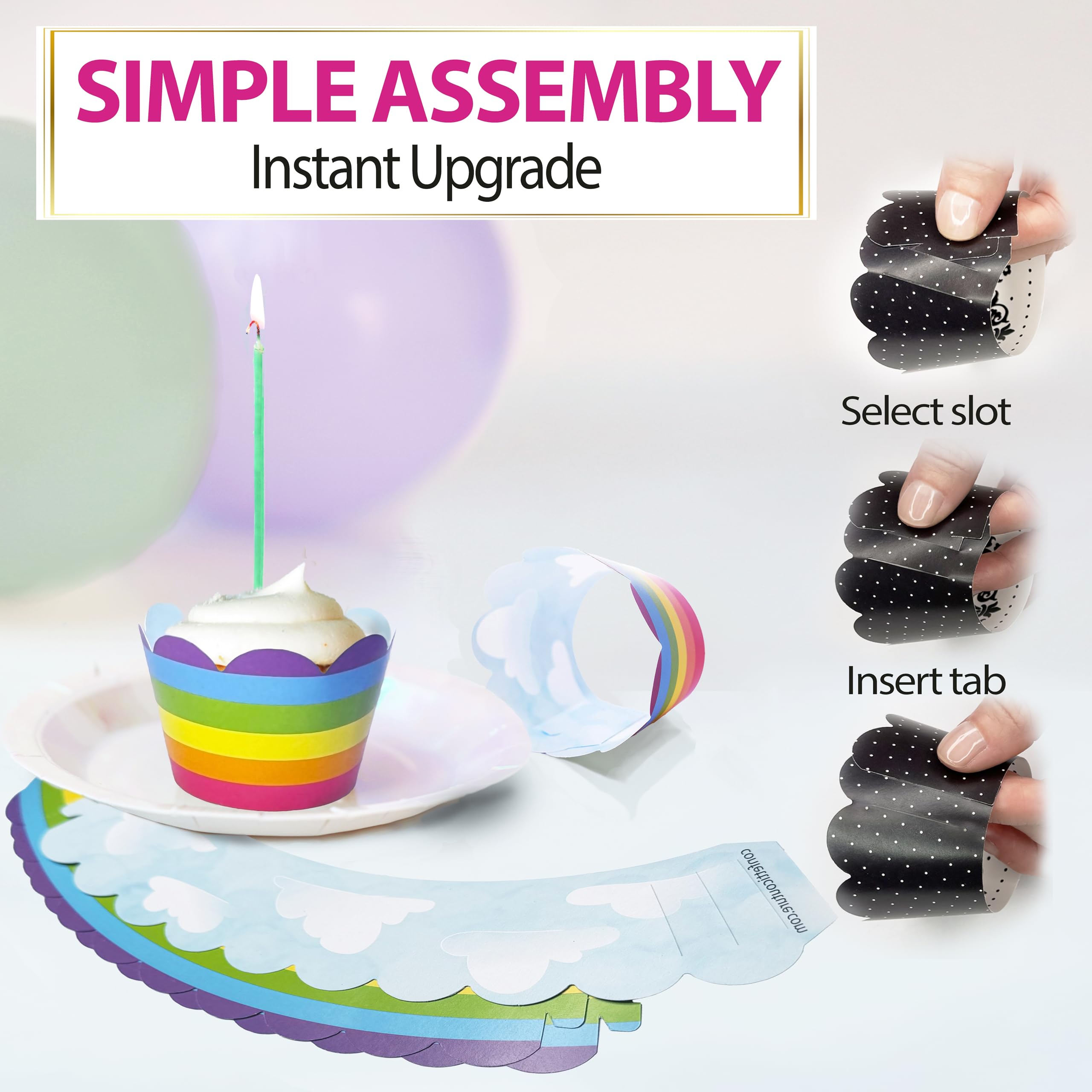 Rainbow Cupcake Wrappers - Happy Cloud & Colorful Stripe Design, Reversible And Adjustable Party Decorations, Princess Birthday,