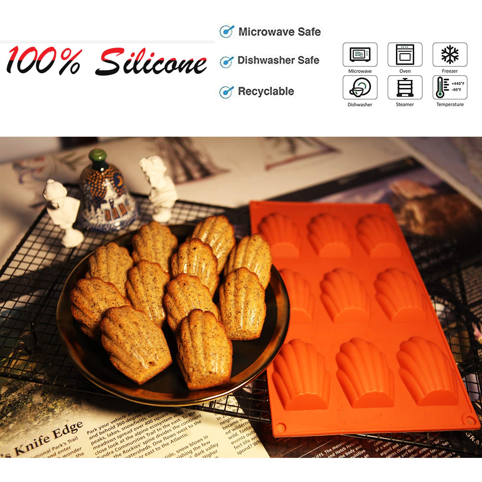 Meajore Madeleine Pan, 2 Pcs Silicone Madeline Cookies Pan, 9 Cavities Madeline Mold Nonstick Baking Pan For Make Madeleine Cook