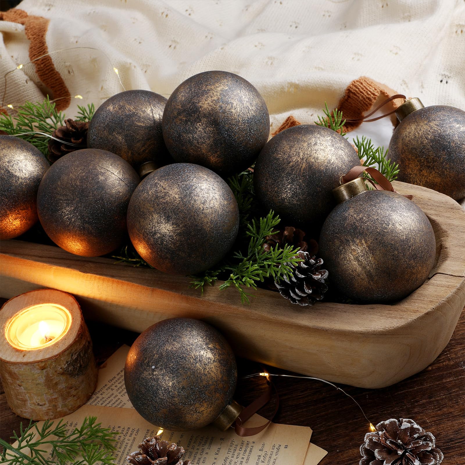 VioraWhite 12 Pcs 3.15 Inch Christmas Vintage Rusty Textured Balls Ornaments Neutral Earth Tone Copper Rustic Plastic Shatterpro