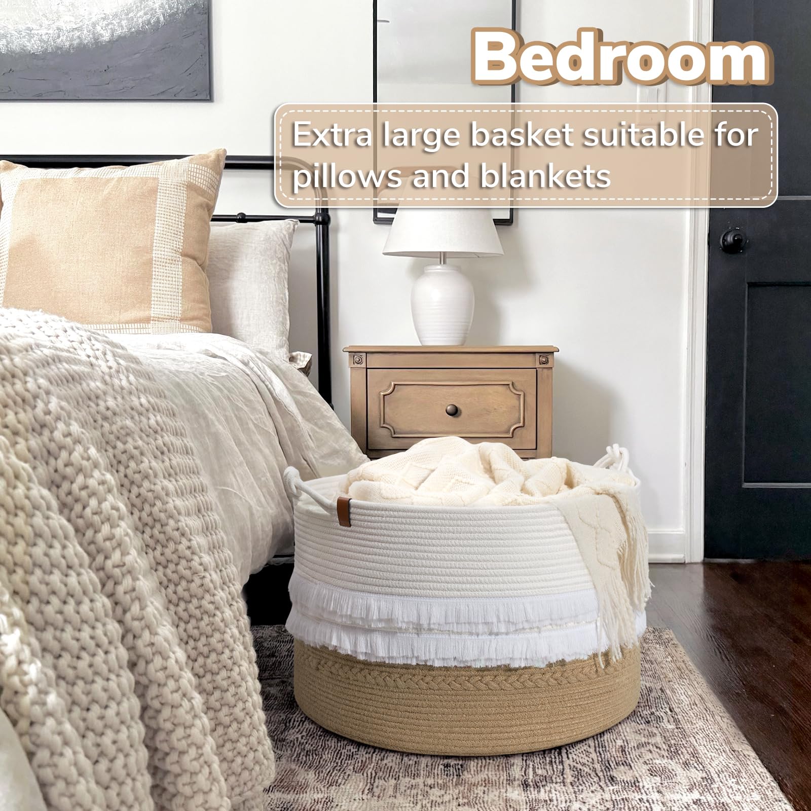 Cherrynow Large Wicker Laundry Basket For Entryway, Bedroom, Jute Decorative Basket For Clothes, Toys, Portable Towel Basket For