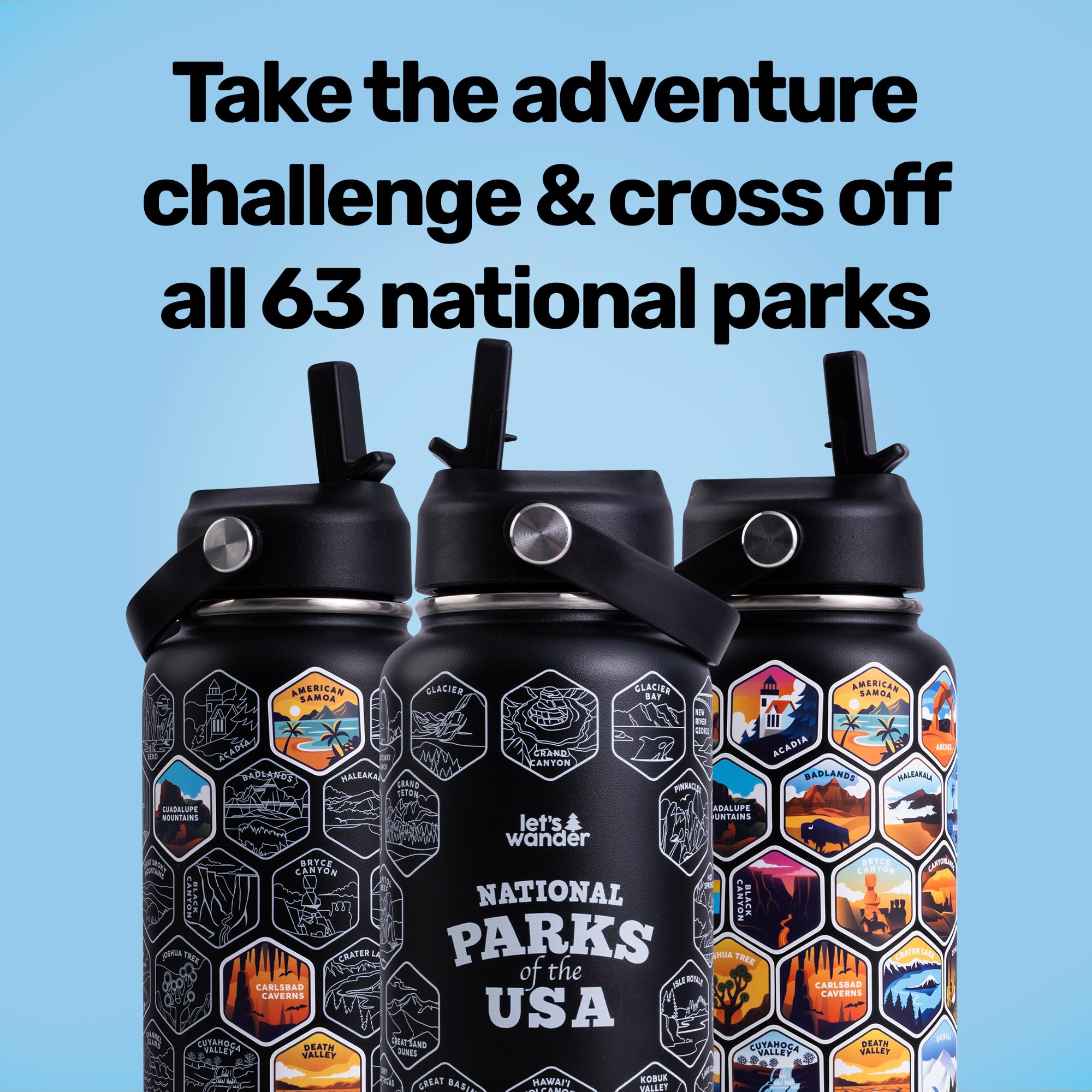LET S WANDER National Parks Water Bottle with 63 Waterproof Stickers - 32oz Leakproof Insulated Stainless Steel with Straw - US