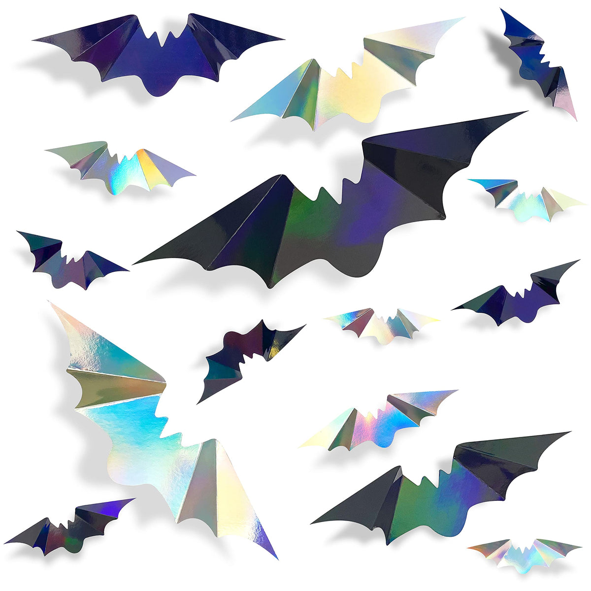 72Pcs Bats Halloween Decoration Iridescent 3D Bats Wall Decor Black Silver Holographic Paper Decorative Bat Wall Art Decals Stic