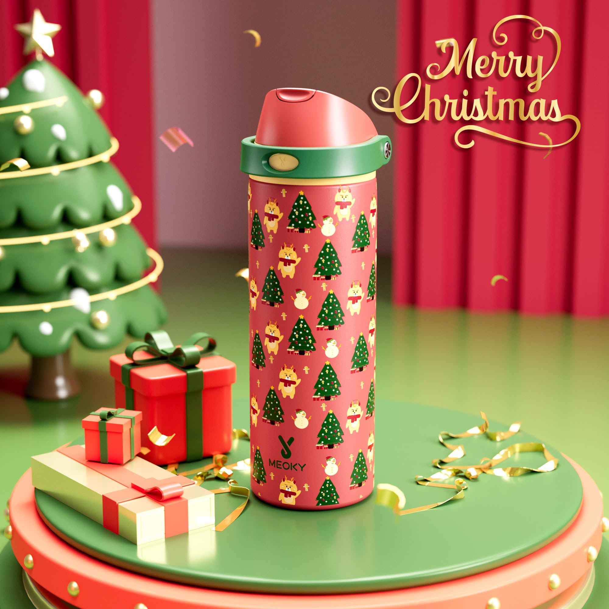24 oz Christmas Insulated Water Bottle: Meoky Stainless Steel Water Bottle with Straw and Spout Lid - Leak Proof, Cold for 24 Ho