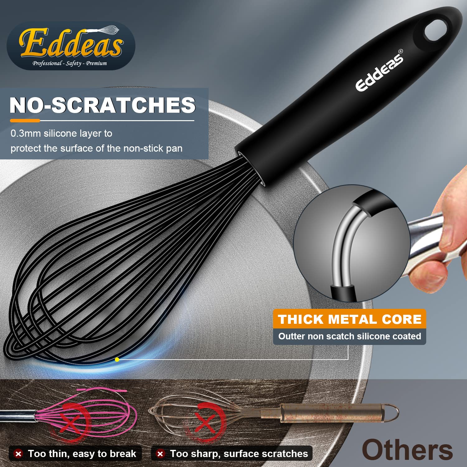 Silicone Whisk, Eddeas Stainless Steel & Silicone Non-Stick Coated Whisks Set Of 3-Heat Resistant Kitchen Whisks, Balloon Egg Be