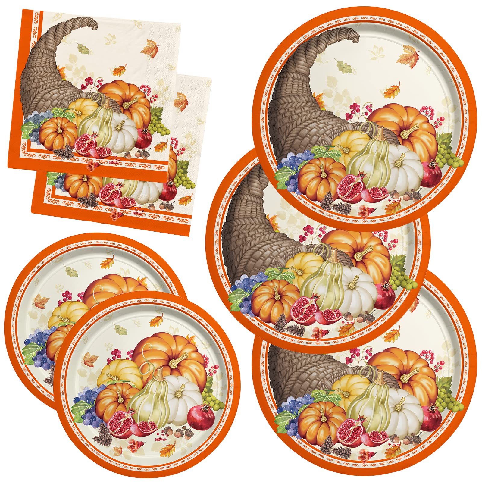 Fall Pumpkin Harvest Party Supply Kit Includes Cornucopia Disposable Paper Dinner Plates, Dessert Plates And Napkins For Thanksg