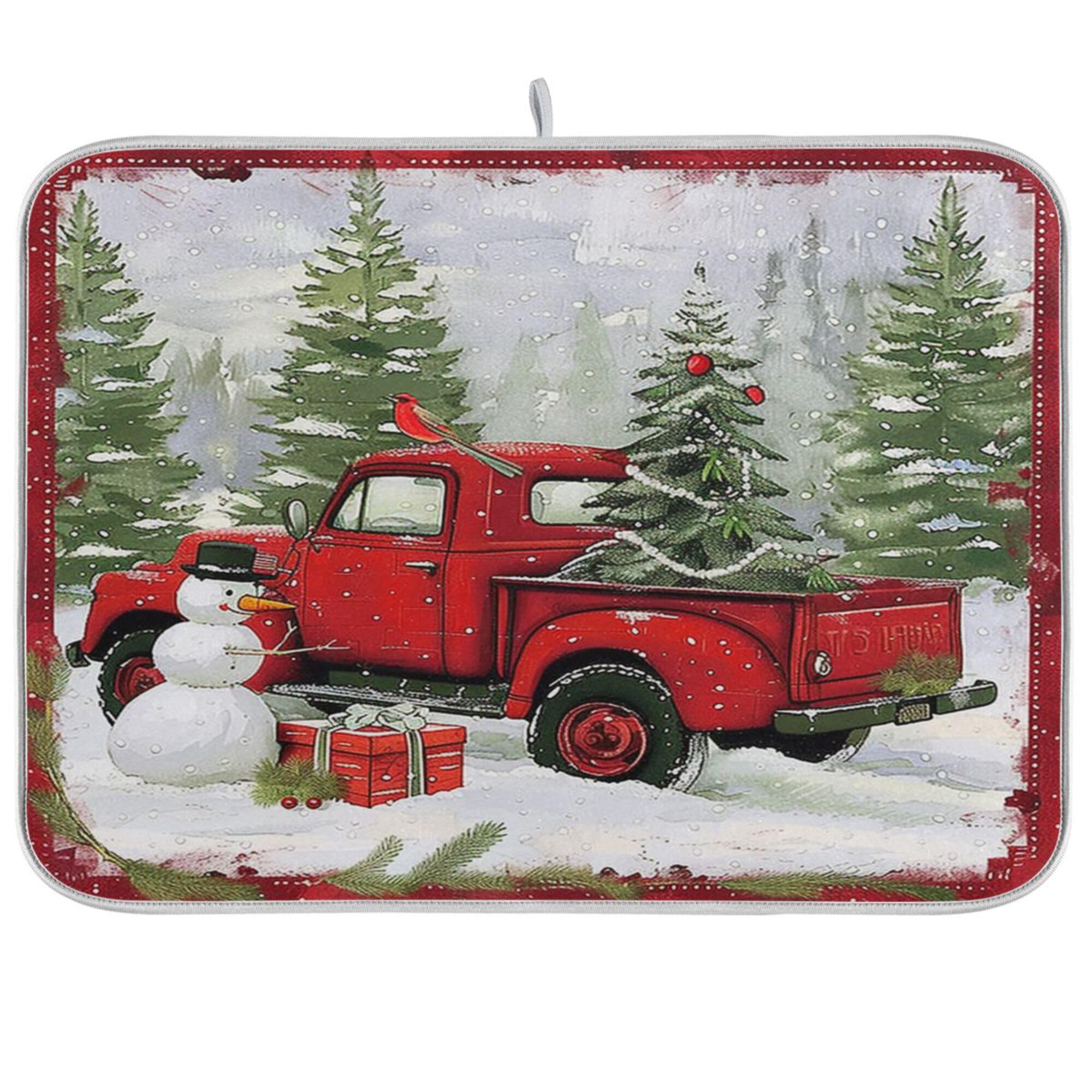Christmas Red Truck Snowman Dish Drying Mat 18X24 For Kitchen Winter Xmas Tree Snowflake Cardinal Bird Dishes Pad Dish Drainer R