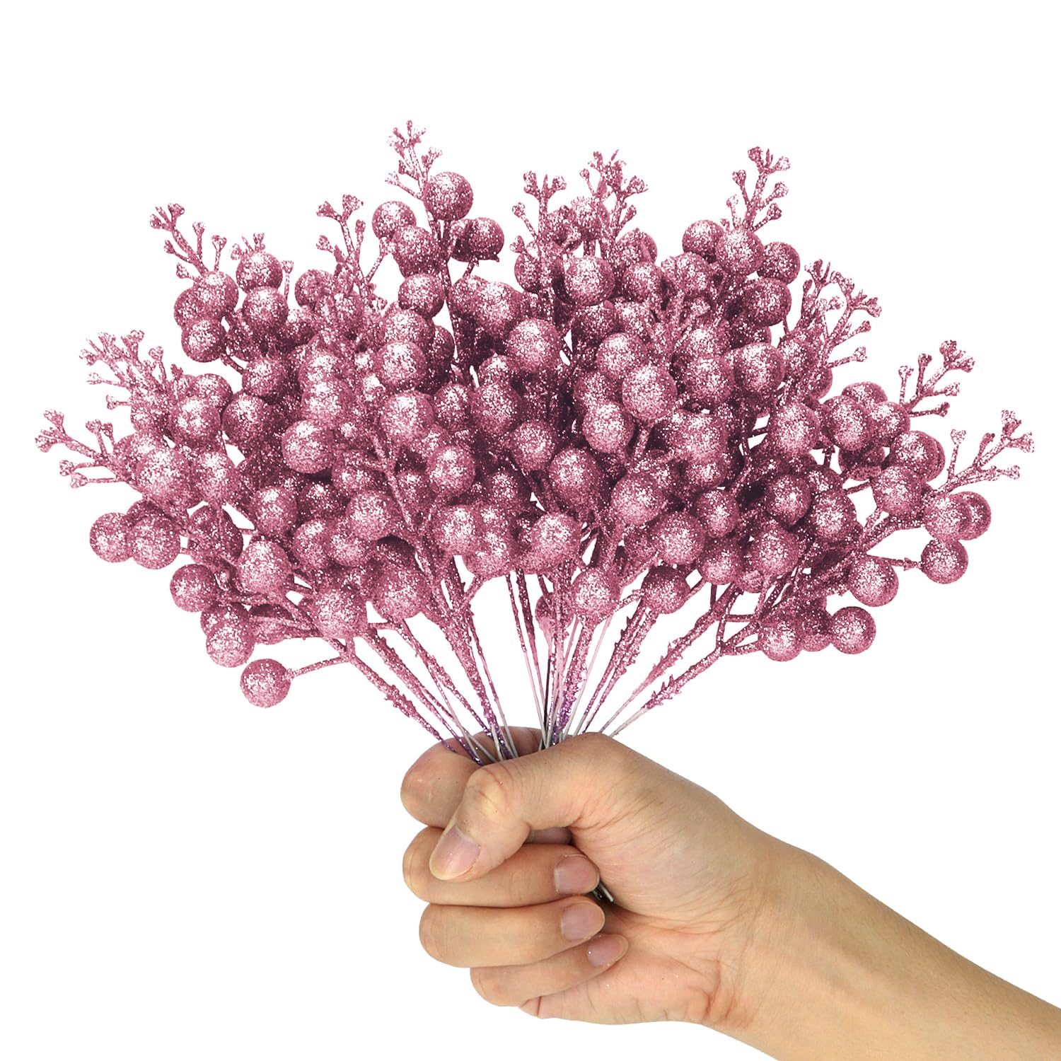 Kesywale Artificial Pink Berry Stems, 24 Pack 8.7 Christmas Glitter Berries Stems Artificial Fruit Berry Holly Flower Branch Pic
