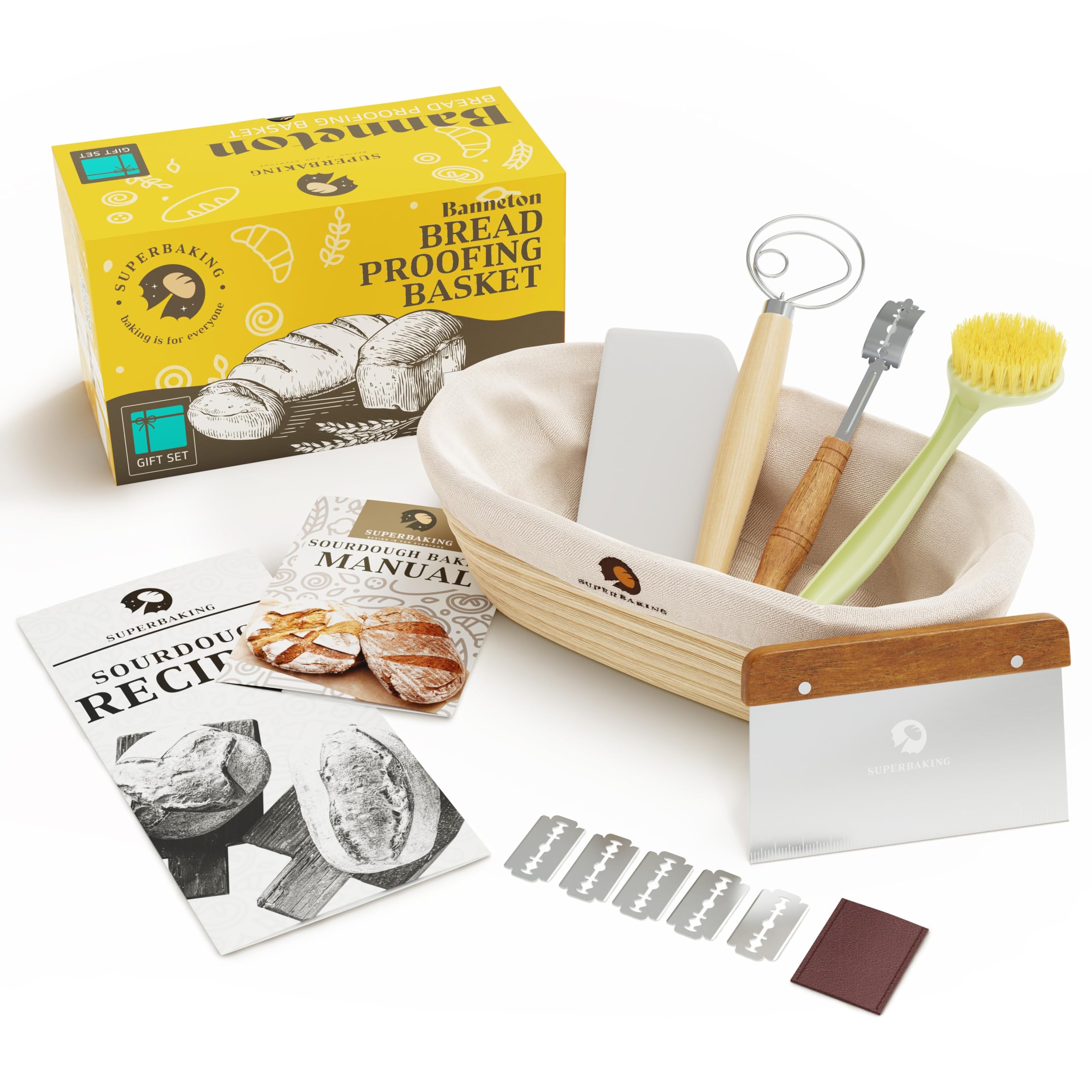Superbaking 10 Oval Banneton Bread Proofing Basket Gift Set - Sourdough Starter Kit for Crusty Artisan Style Loaves, Includes Es