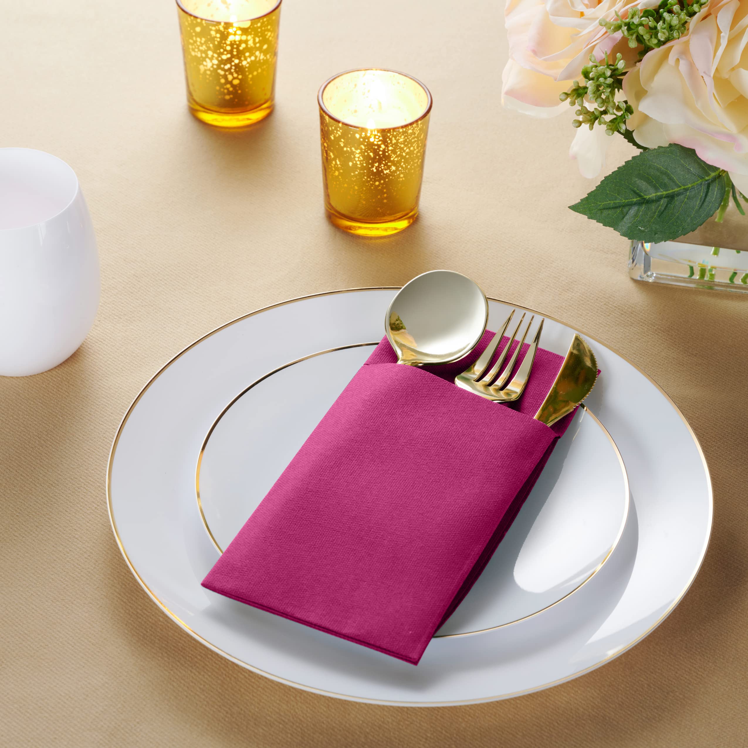 Disposable Linen-Feel Dinner Napkins with Built-in Flatware Pocket  50-Pack FUCHSIA Prefolded Cloth Like Paper Napkins For Dinner  Wedding Or Party [Silverware NOT Included]