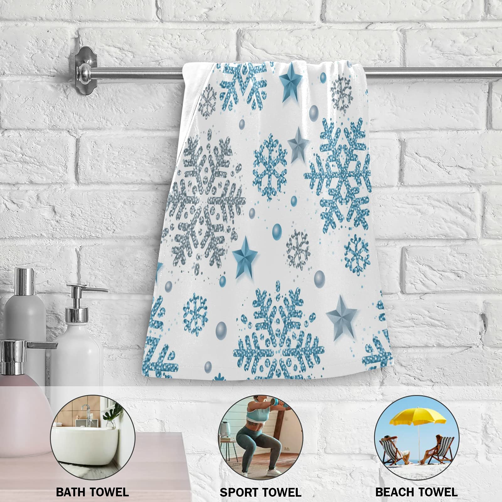 Winter Blue Silver Snowflake Snow Hand Bath Towel Highly Absorbent Soft Hanging Towels Merry Christmas Jingle Bells Happy New Ye