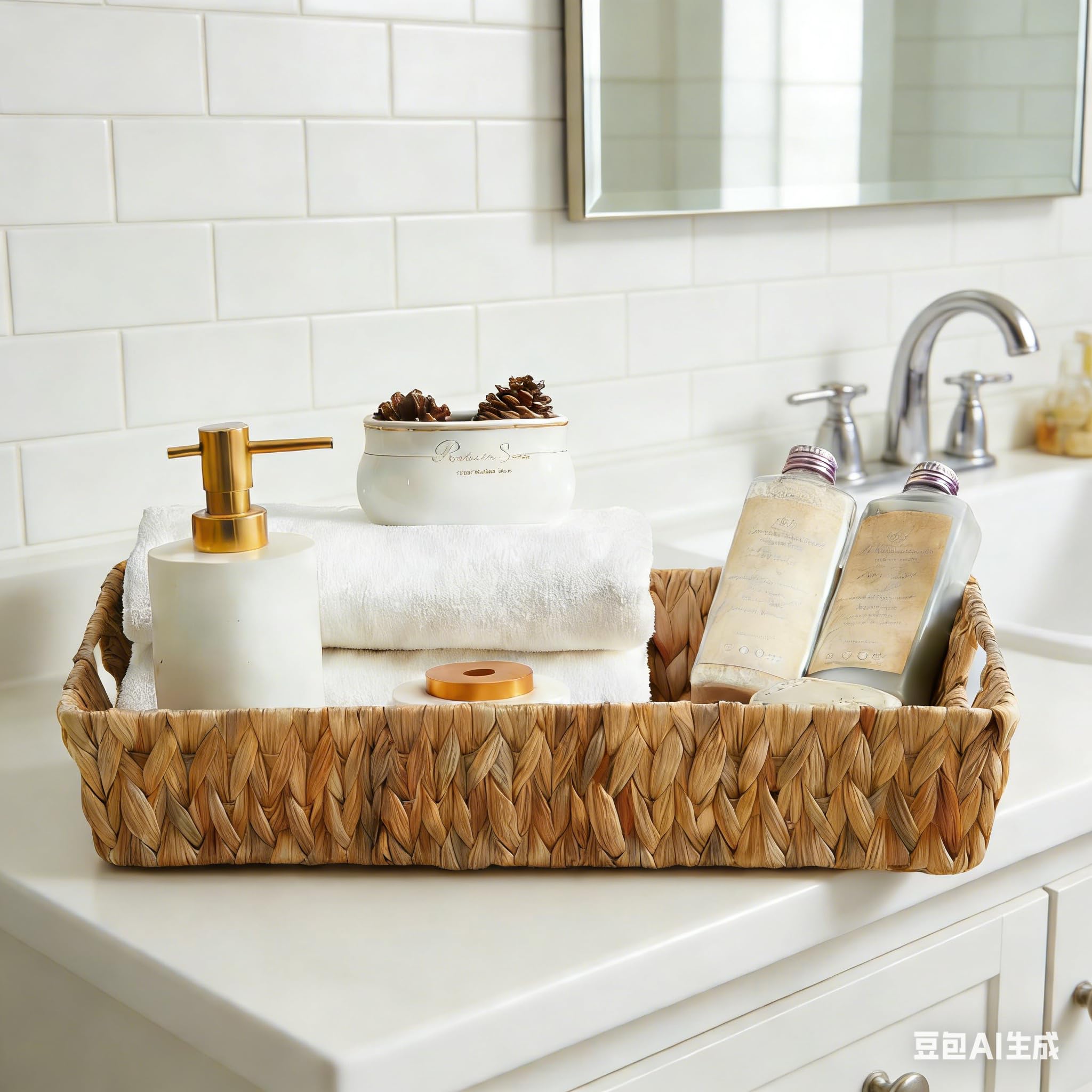 Suptinwear Rectangular Water Hyacinth Serving Tray with Built-in Handles, Hand Woven Rattan Basket for Breakfast, Coffee, Tea, S
