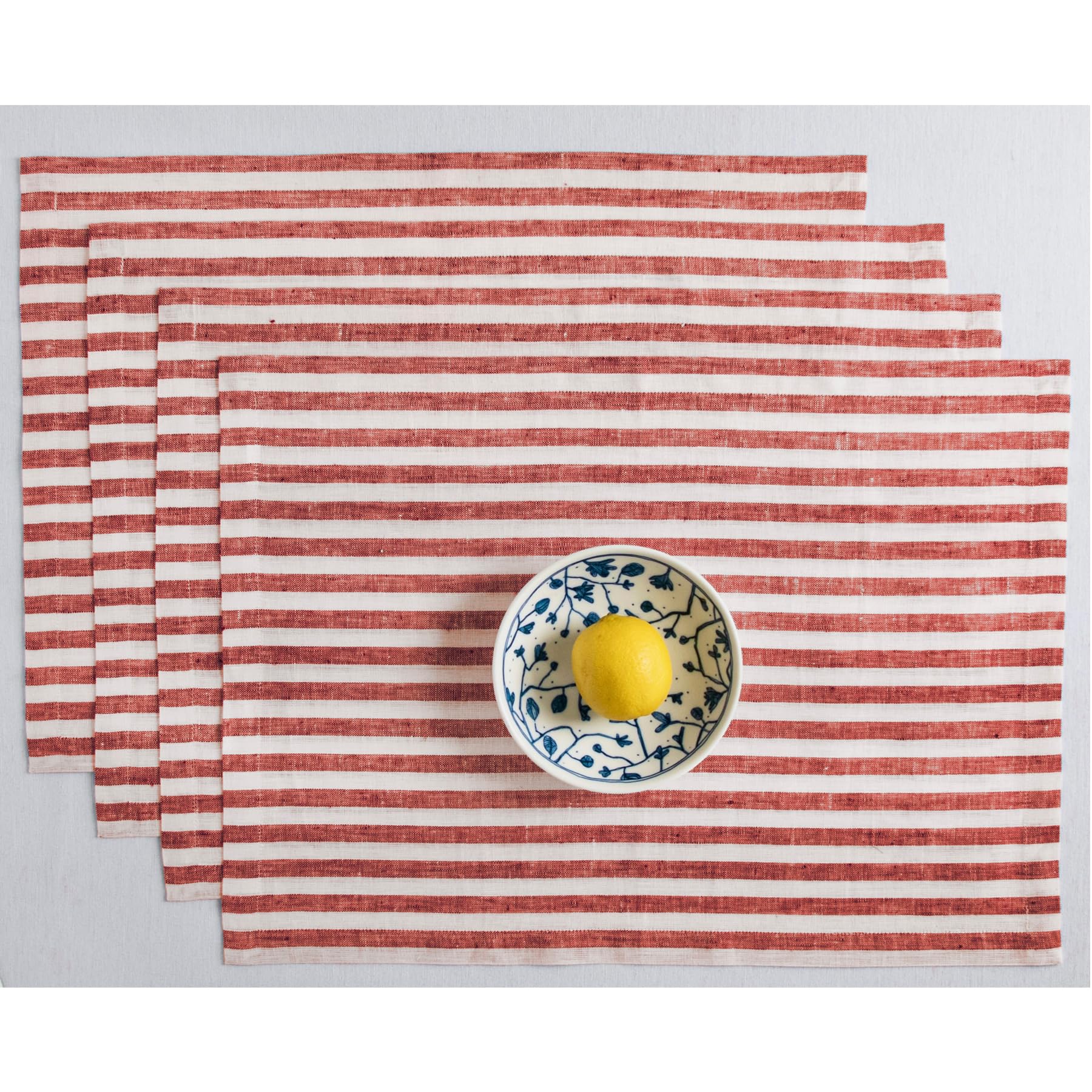 Solino Home Stripe Linen Placemats Set Of 4 - 100% Pure Linen Red And White Placemats 19 '' L X 14 '' W Inch - Farmhouse Washabl