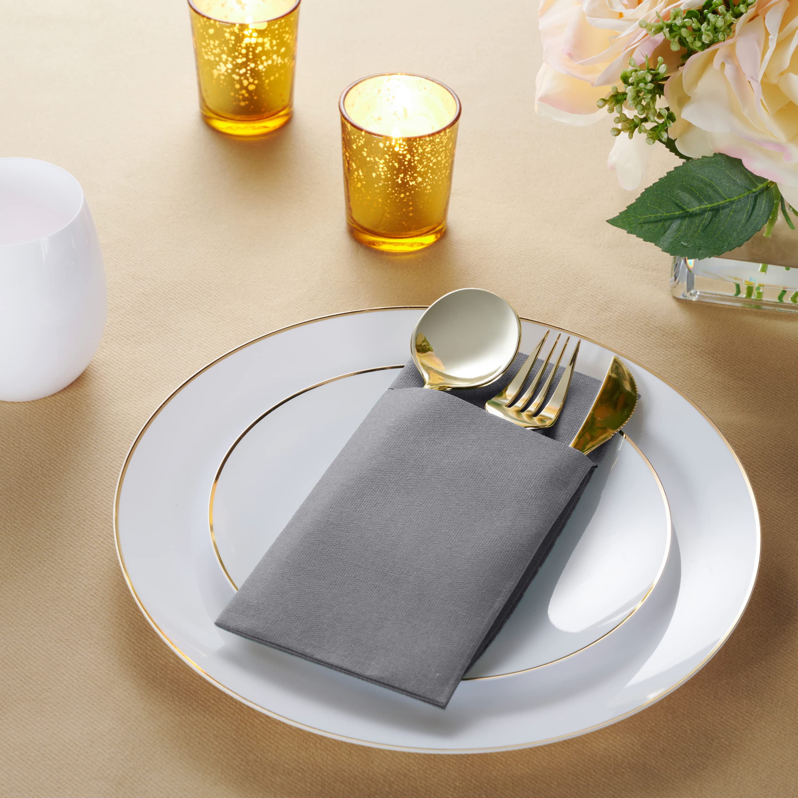 Disposable Linen-Feel Dinner Napkins with Built-in Flatware Pocket  50-Pack GRAY Prefolded Cloth Like Paper Napkins For Dinner  Wedding Or Party [Silverware NOT Included]