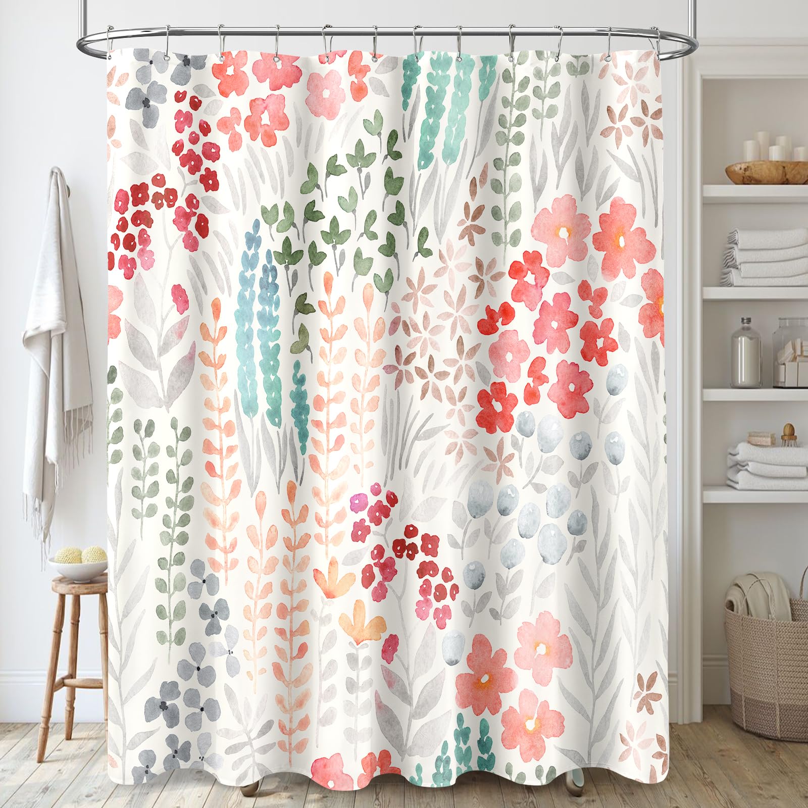 Mayzus Long Shower Curtain 72 X 78 Inch, Tall Cute Floral Shower Curtain For Bathroom, Retro Red Teal Wildflower Boho Cottagecor
