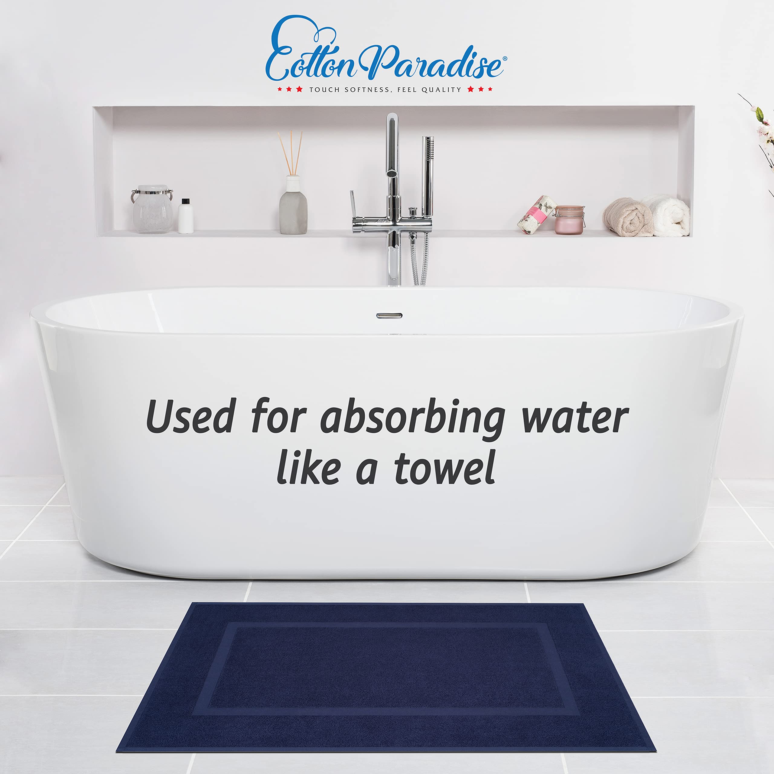 Cotton Paradise 100% Cotton Bath Mats for Bathroom  2 Packed  34 in by 20 in Bath Mat Rugs for Bathroom  Soft Absorbent Machine Washable  Navy Blue Towel Bath Mat