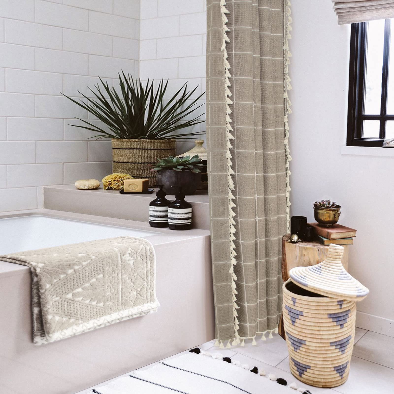 Gibelle Boho Farmhouse Shower Curtain With Tassels, Rustic Cottagecore Aesthetic Bohemian Chic Modern Bathroom Decor Thick Waffl