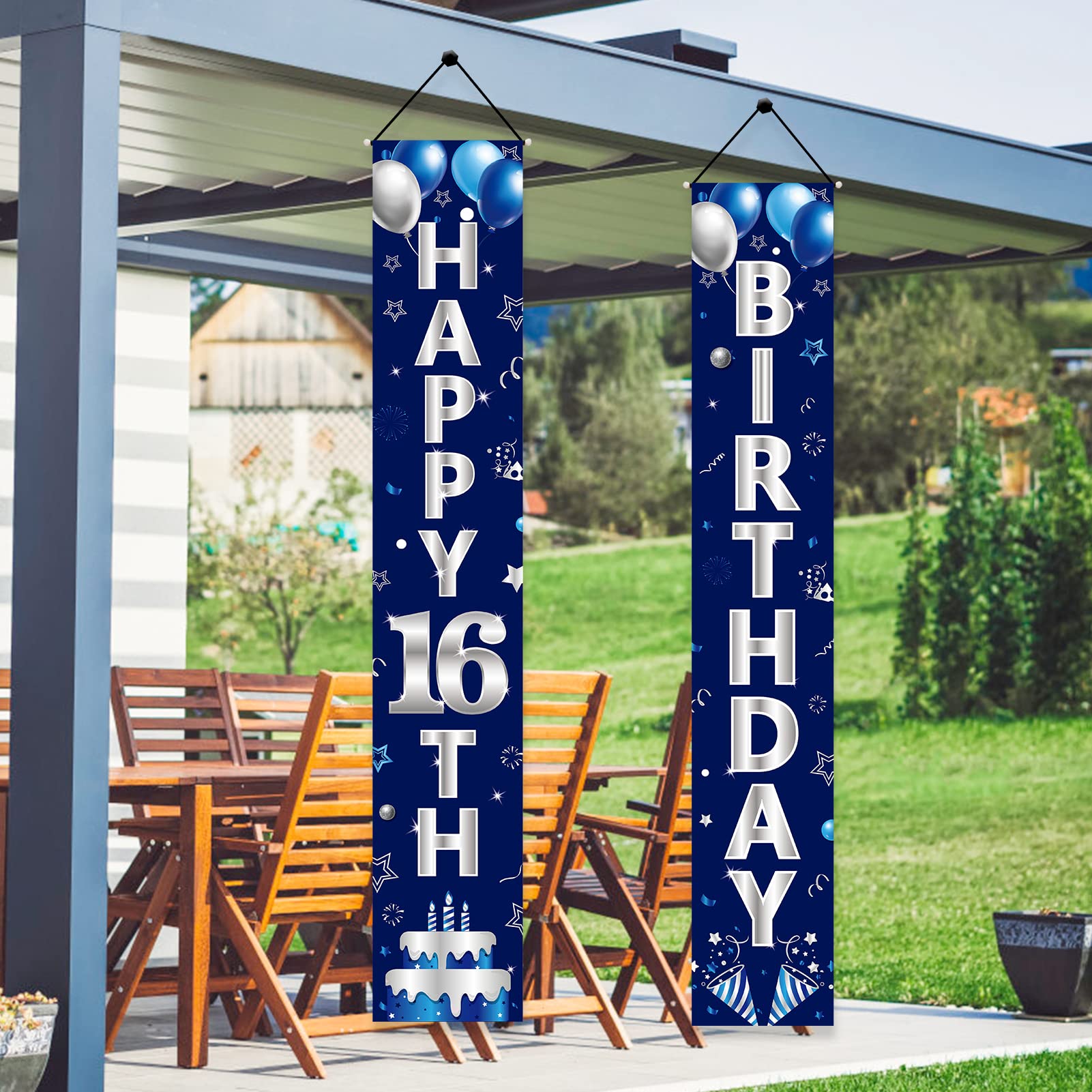 Turypaty Blue Silver 16Th Birthday Door Banner Decorations, Happy 16 Birthday Party Porch Sign Supplies For Boys, Sweet 16 Year
