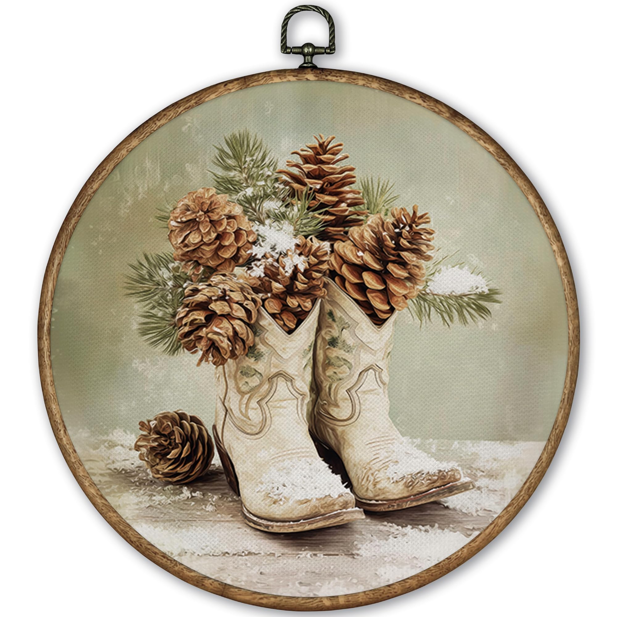 Tleske Winter Western Cowgirl Pinecones Round Wall Art Decor Framed 10X10, Pine Cones Preppy Cowgirl Boot Canvas Wall Art Prints