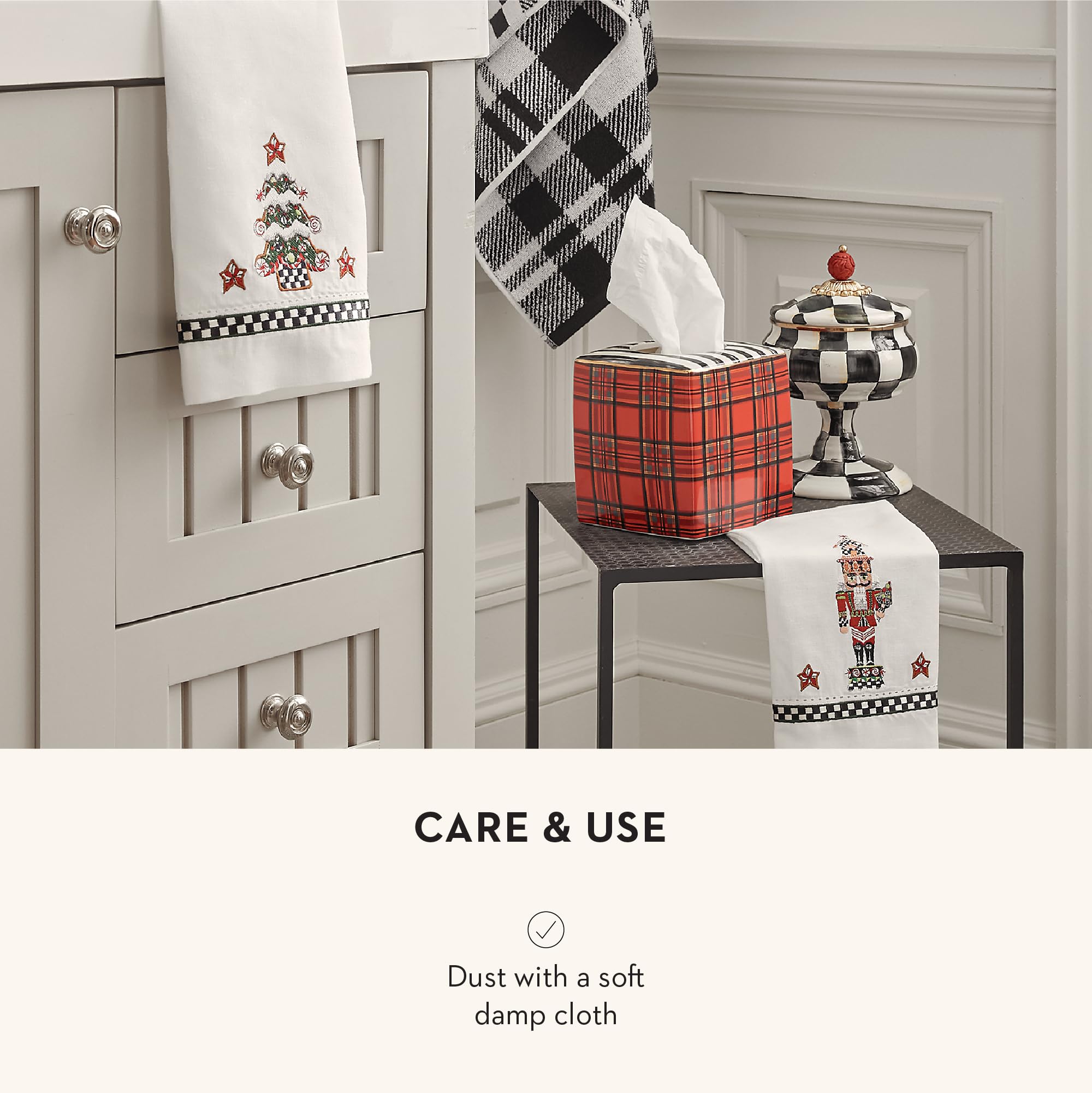 MACKENZIE-CHILDS Boutique Square Tissue Box Cover, Ceramic, Red Tartan, Model 45104-015, Home Decor