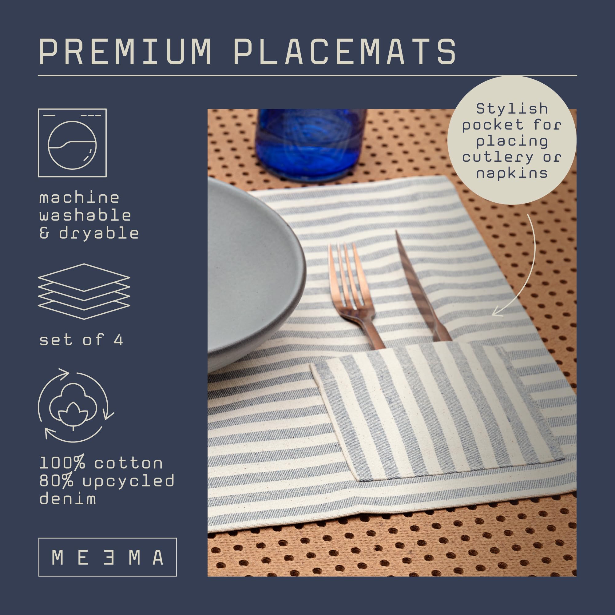 Meema Cloth Placemats With Pockets Set Of 4 | 14 X 20 In | Recycled Denim And Cotton Farmhouse Placemats - Striped | Washable Pl