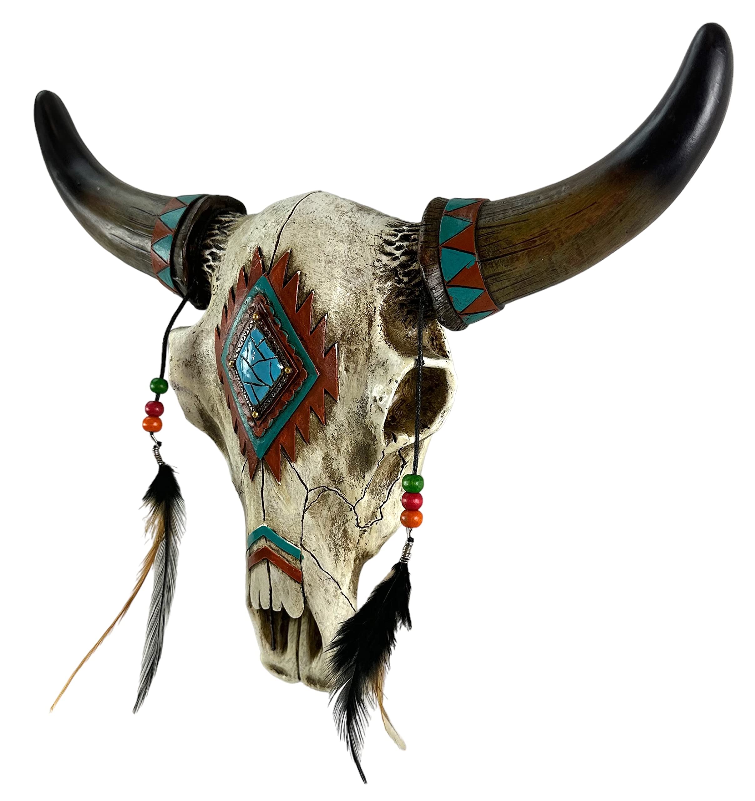 De Leon Collections Rustic Southwest Tribal Bull Cow Skull with Feathers, Beads & Faux Turquoise Stone Hanging Wall D  cor
