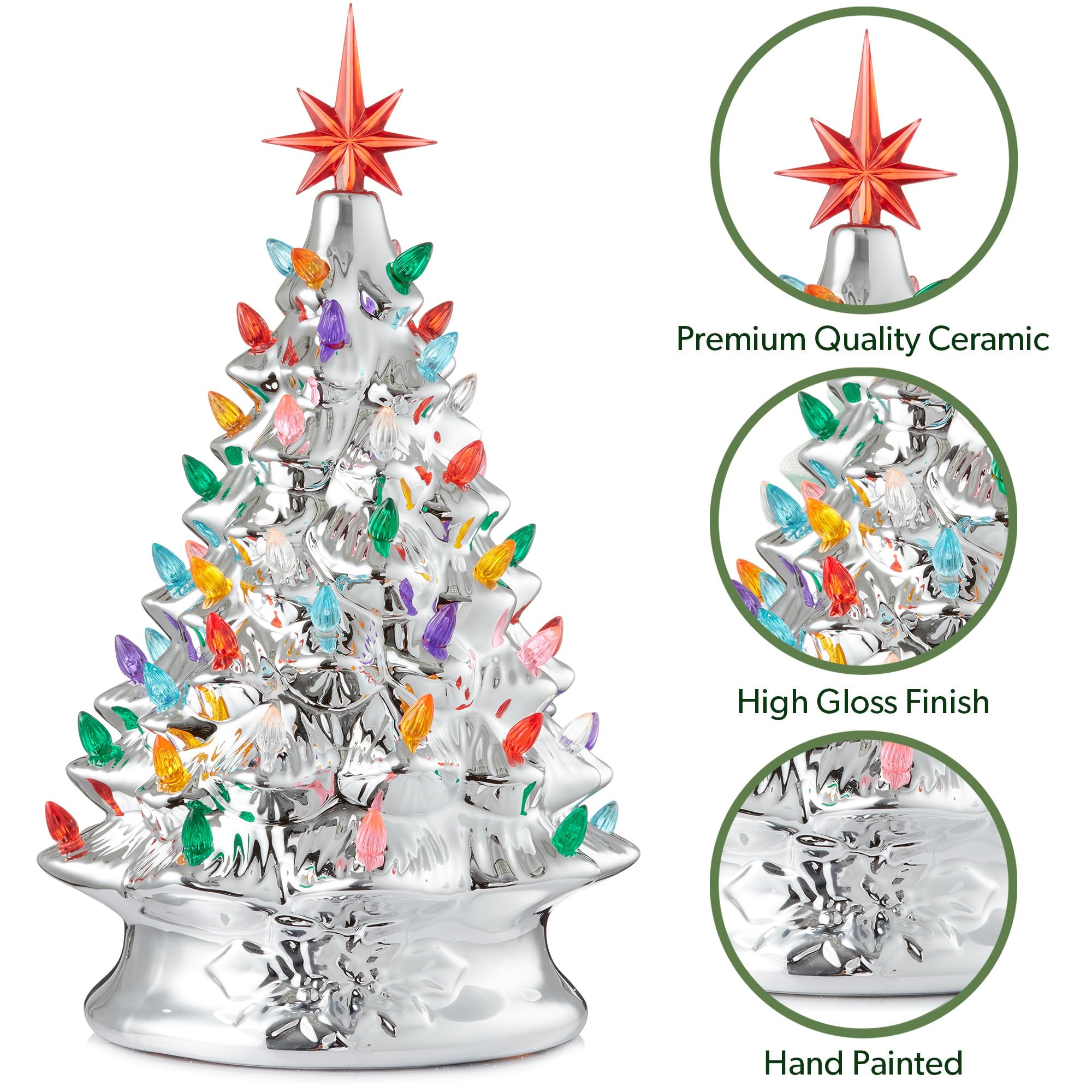Casafield Hand Painted Ceramic Christmas Tree, Silver 15-Inch Pre-Lit Tree with 128 Multi Color Lights and 2 Star Toppers