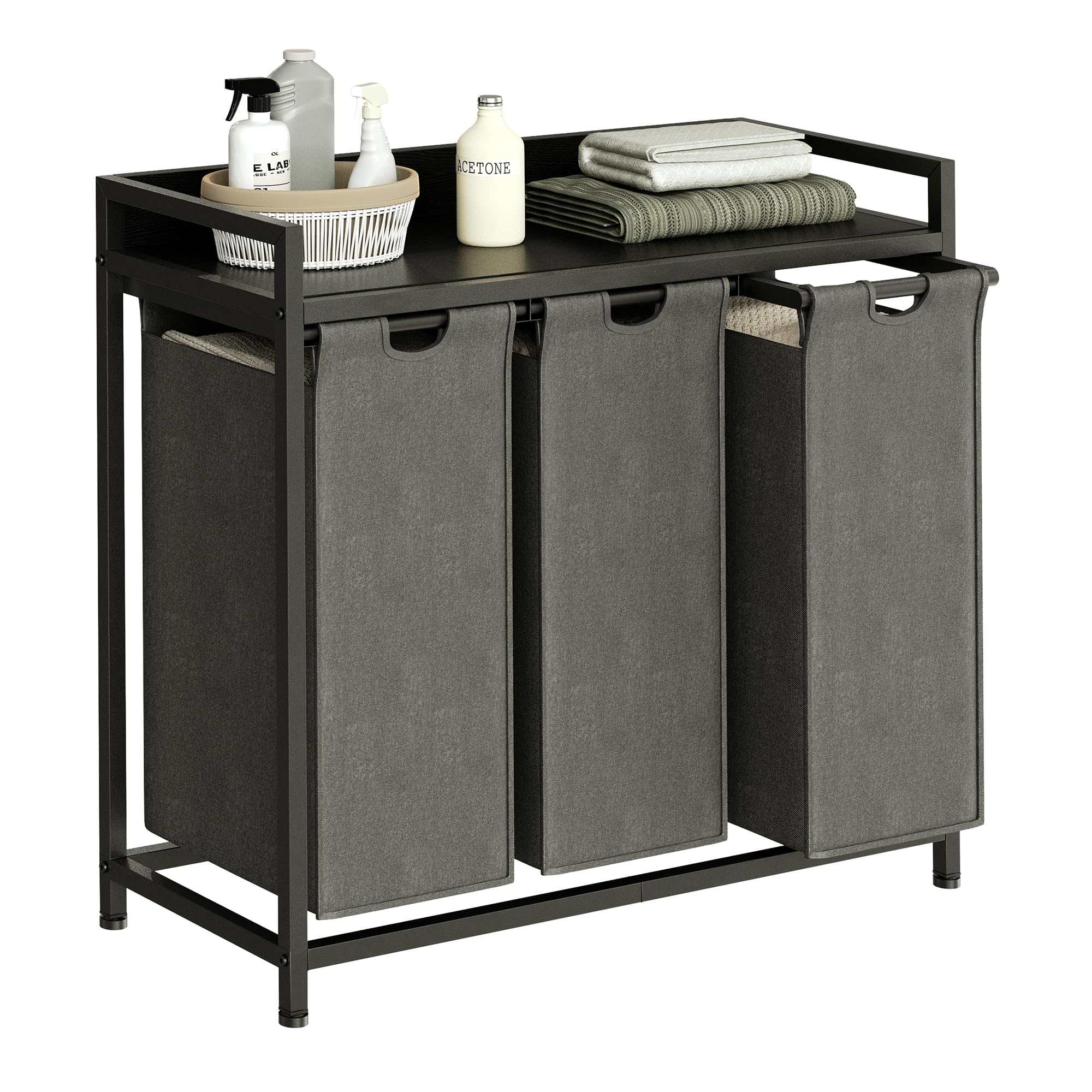 Herture Laundry Hampers with Shelf, Laundry Basket 3 Section, Laundry Sorter with Pull-Out Removable Large 3 Color Bags and Mova