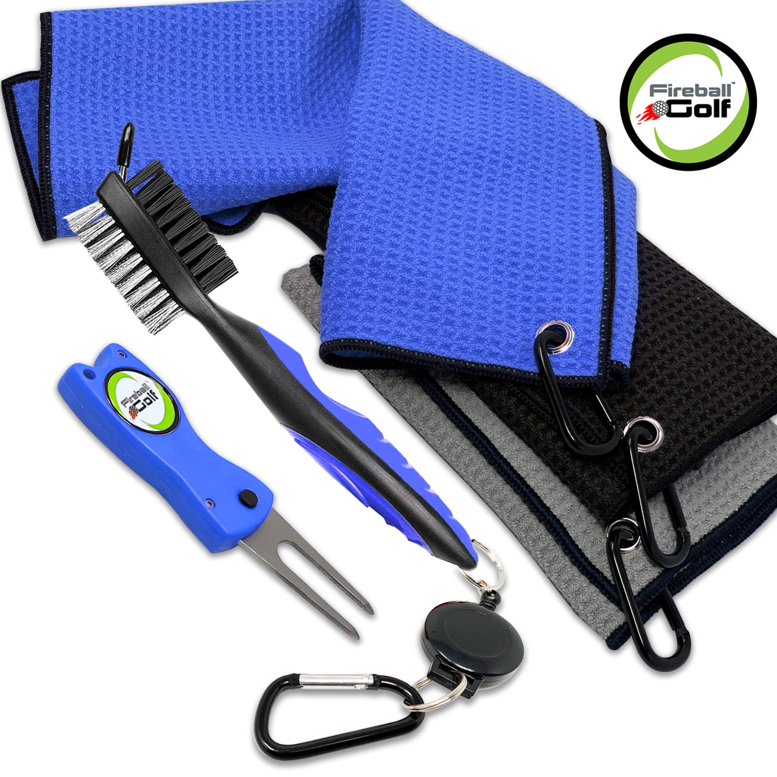US Based Fireball Golf - Towel Gift and Accessories Set (blue  grey and black) - 3 golf towels  golf divot tool  ball marker  and golf cleaning brush  golf gifts for men  women  children