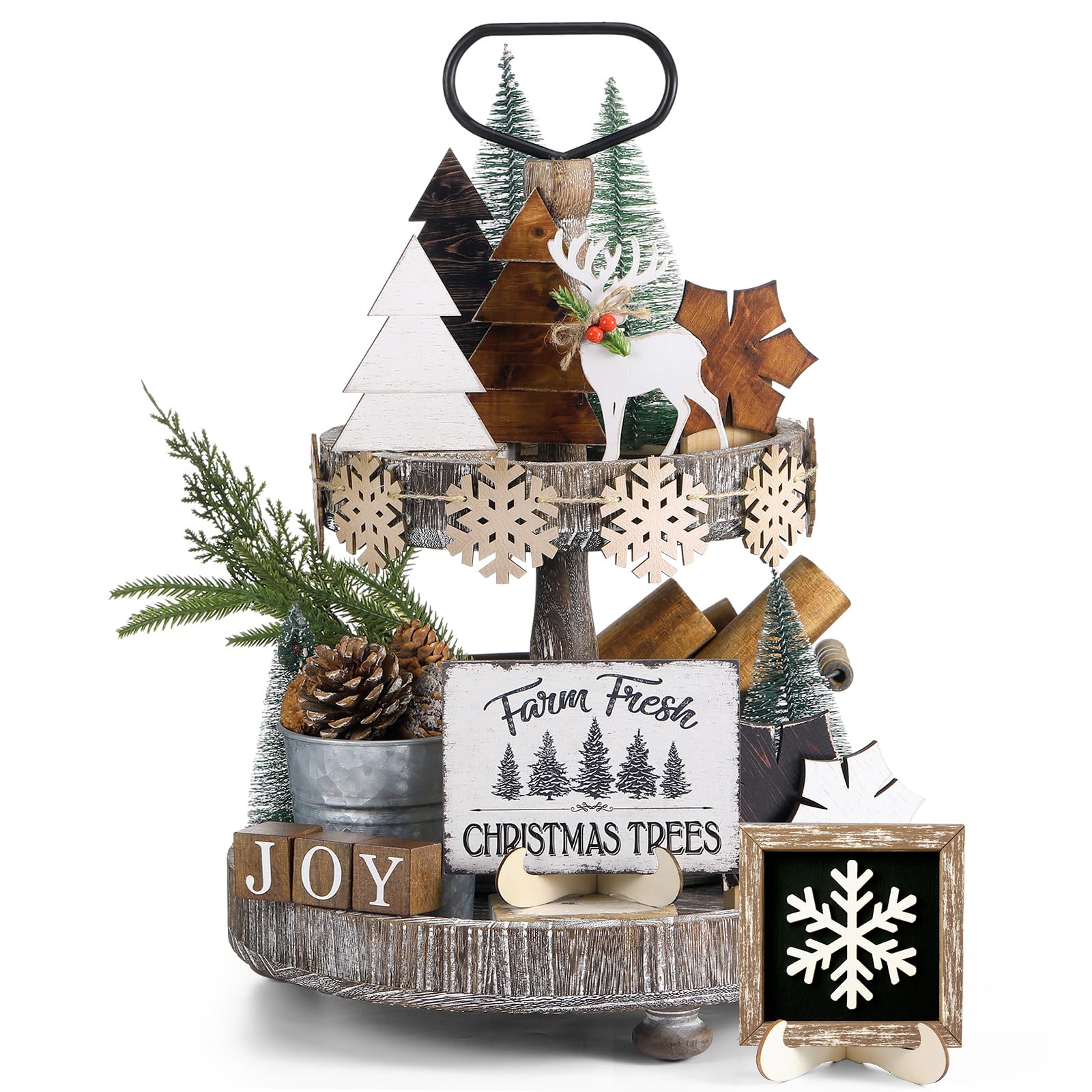 Yalikop 20 Pcs Neutral Christmas Tiered Tray Decor Set Neutral Christmas Snowflake Xmas Tree Wood Sign Rustic Farmhouse Tray Dec