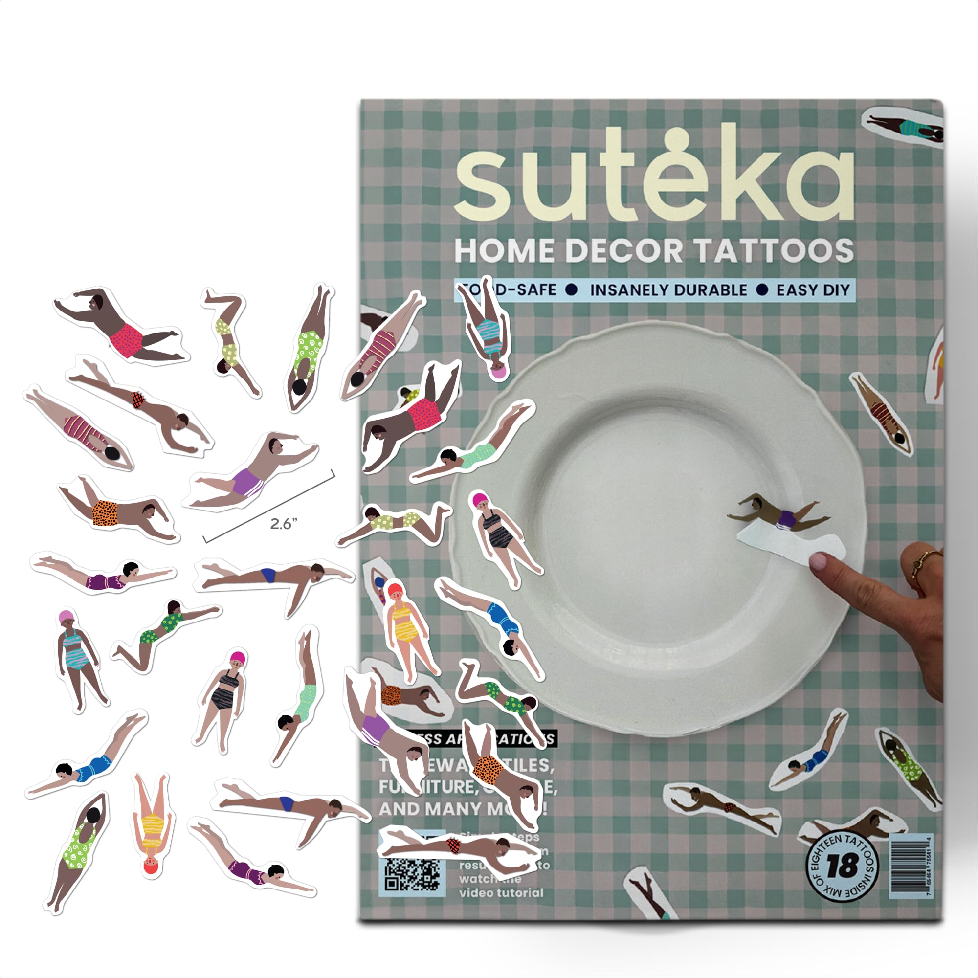 Suteka Swimmers Vinyl Decal Set, 18 Piece Home Decor Tattoo - Semi Permanent Heat Transfer Design for Mugs, Bowls, Glass, Walls 