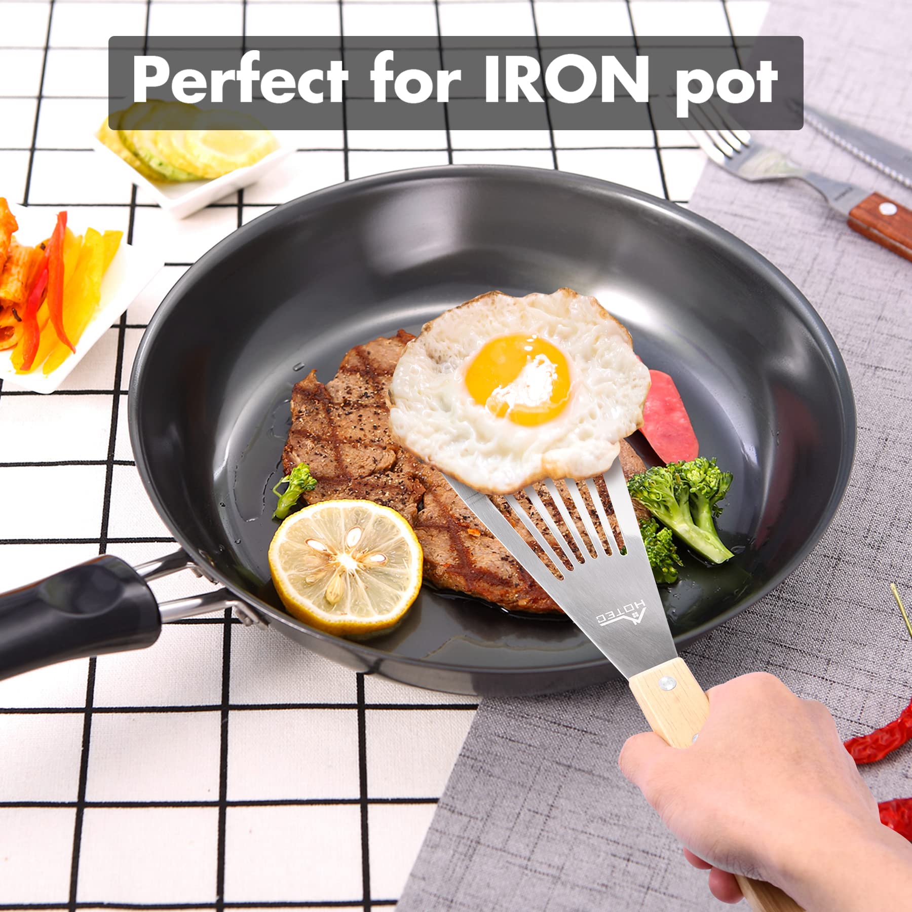 Hotec Stainless Steel Thin Slotted Fish Turner Spatula, Wooden Handle With Sloped Head Design, Durable And Lightweight, Metal Sp