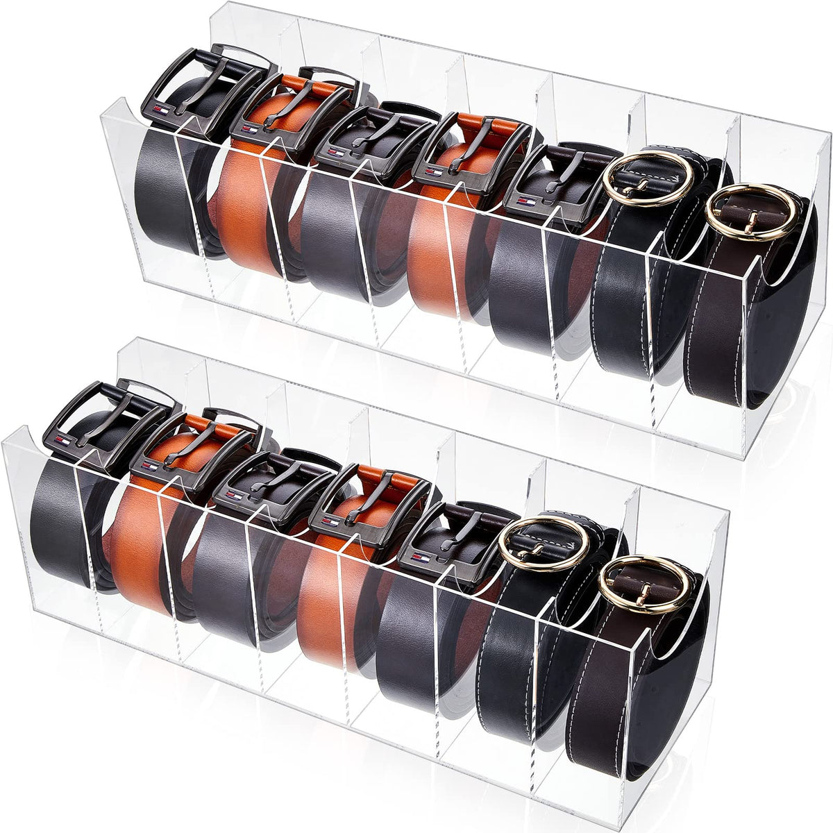 2 Pieces Belt Organizer Acrylic Belt Storage Holder 7 Compartments Display Case Belt Container Holder For Closet And Drawer, Pur