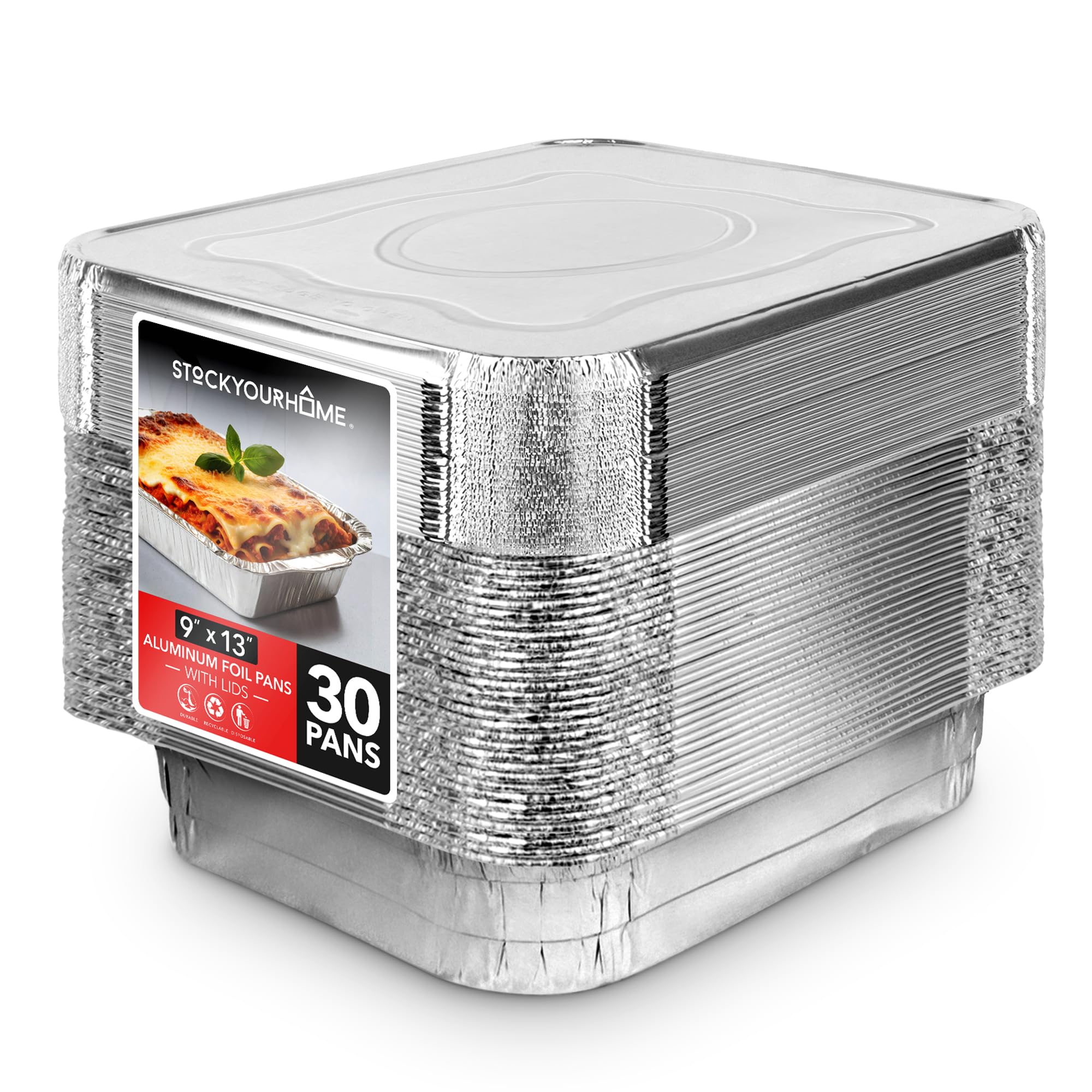 (Set Of 30) 9 X 13 Disposable Aluminum Pans With Lids - (30) Heavy Duty Foil Pans With Lids 9X13 (30) Foil Pan Covers, Food Cate