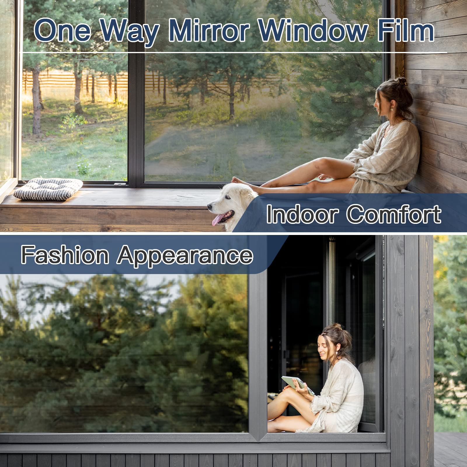 Haton Window Privacy Film One Way Window Tint for Home, Sun UV Blocking Reflective Mirror Film Heat Control, No Glue Static Clin