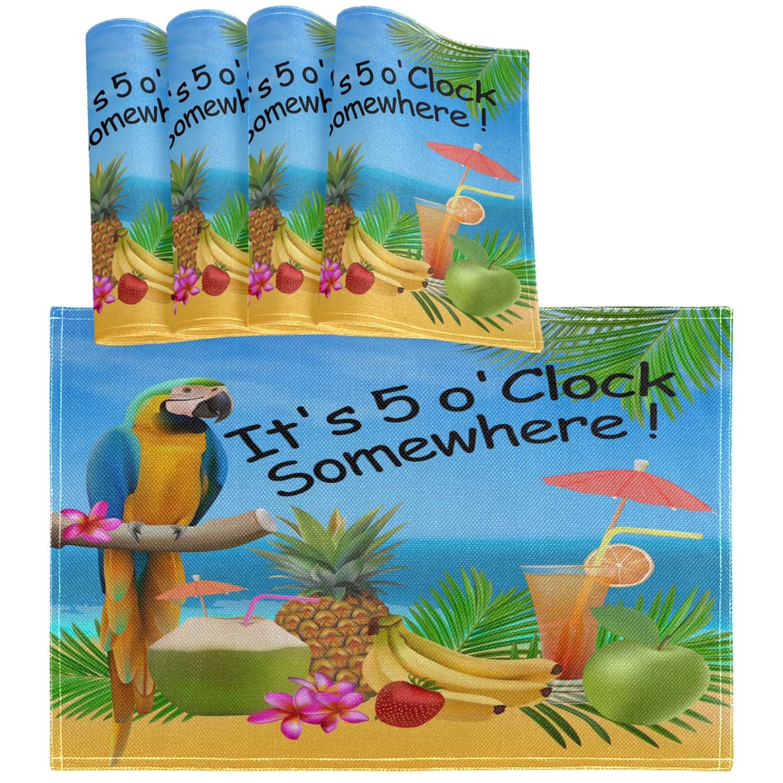 Oarencol It 'S 5 O 'Clock Somewhere Placemat Table Mats Set Of 4, Summer Parrot Pineapple Bird Tropical Fruit Banana Heat-Resist