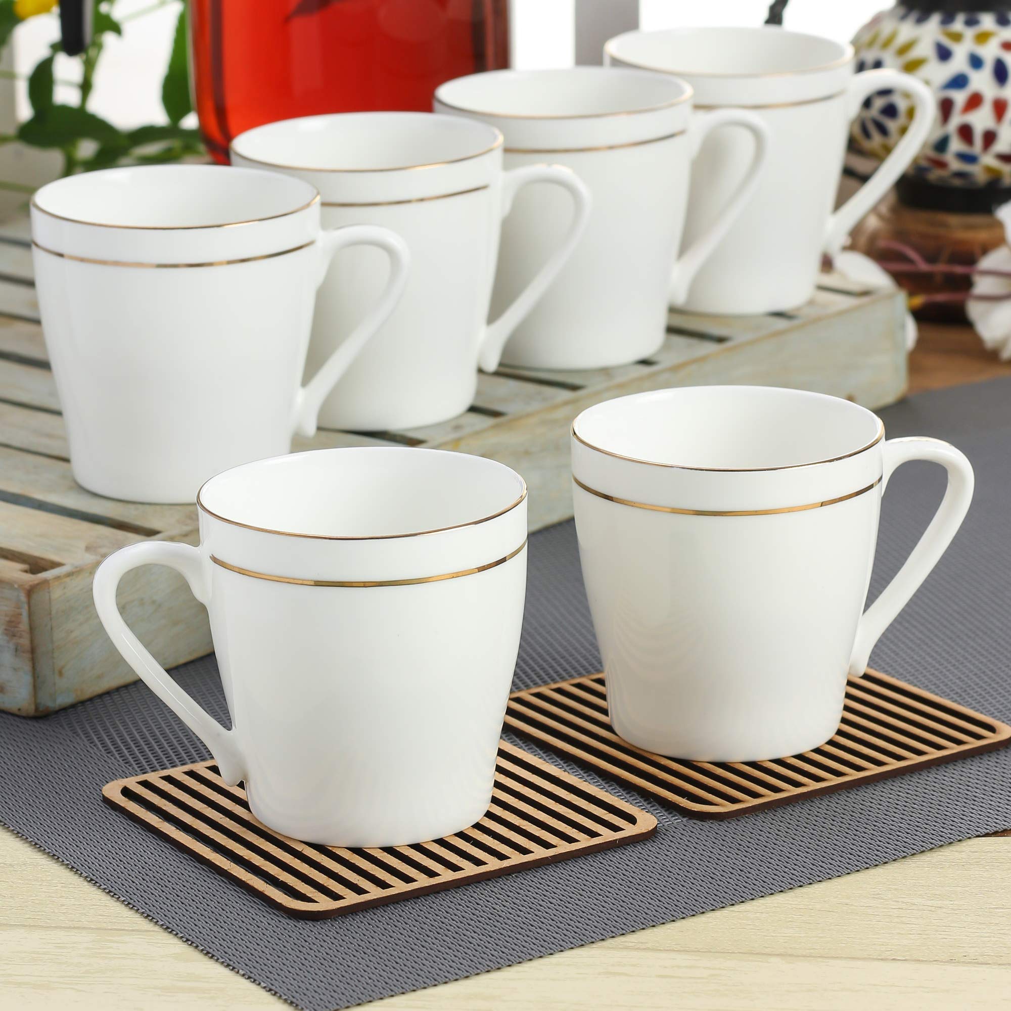 Clay Craft Fine Ceramic Feather Print - 120 Ml -Set Of 6 Tea Cups (Gold Line Cups - 6 Pcs)