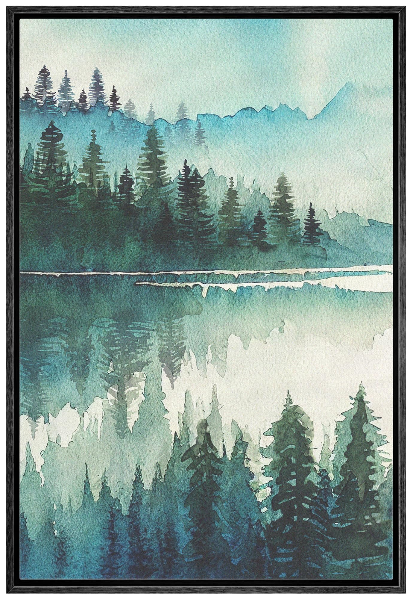 Signwin Framed Canvas Print Wall Art Teal Pastel Mountain Range Lake Nature Landscape Prints Minimalist Modern Art Woodland Nurs