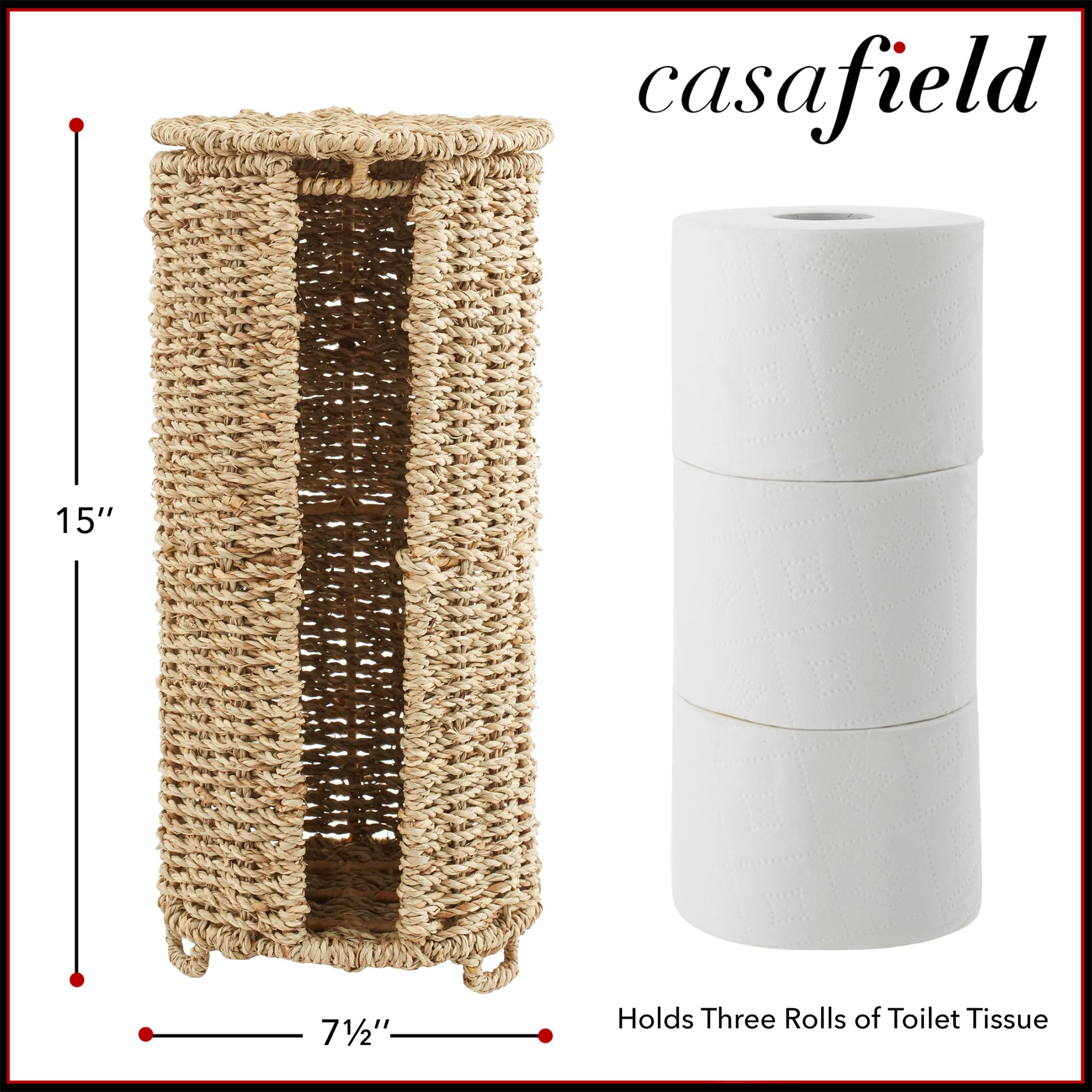 Casafield Free Standing Toilet Paper Storage Roll Holder with Lid - Natural, Fits 3 Rolls, Seagrass Bath Tissue Organizer for Ba