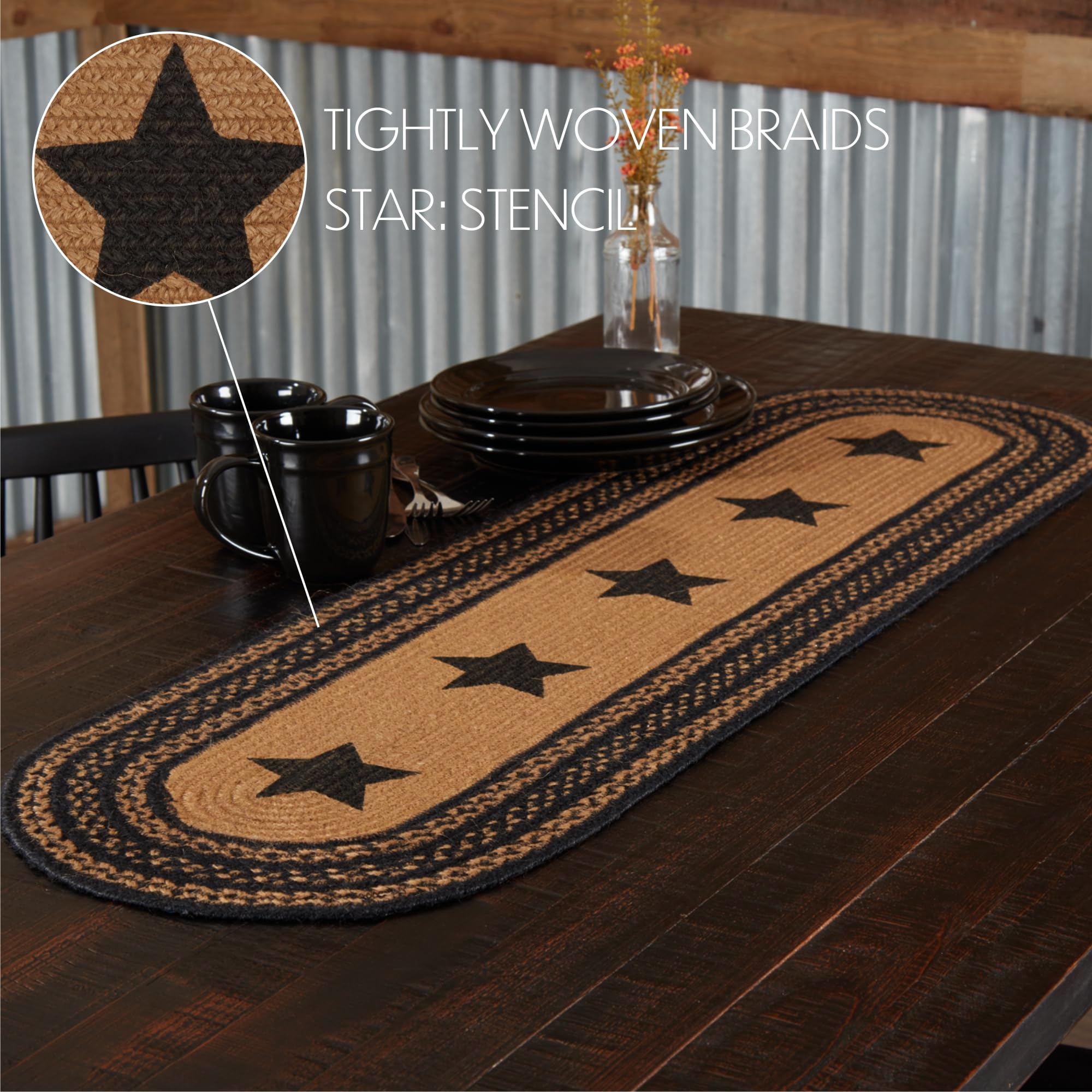 Vhc Brands Farmhouse Primitive Jute Black Thanksgiving Table Runner W/ Stenciled Stars 13''X48''