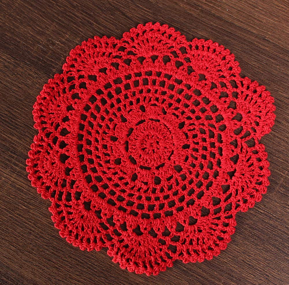 Hsvanyr Round Crochet Lace Doily Floral Design Fabric Coasters Doilies Value Pack, 4 Pcs/Set Lace Doilies (Red)